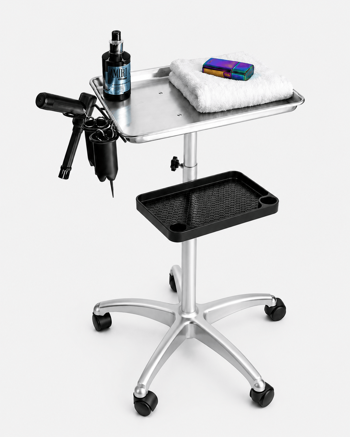 Salon & Barber Tray Trolley with One or Two Tiers, Height Adjustable 67–105 cm