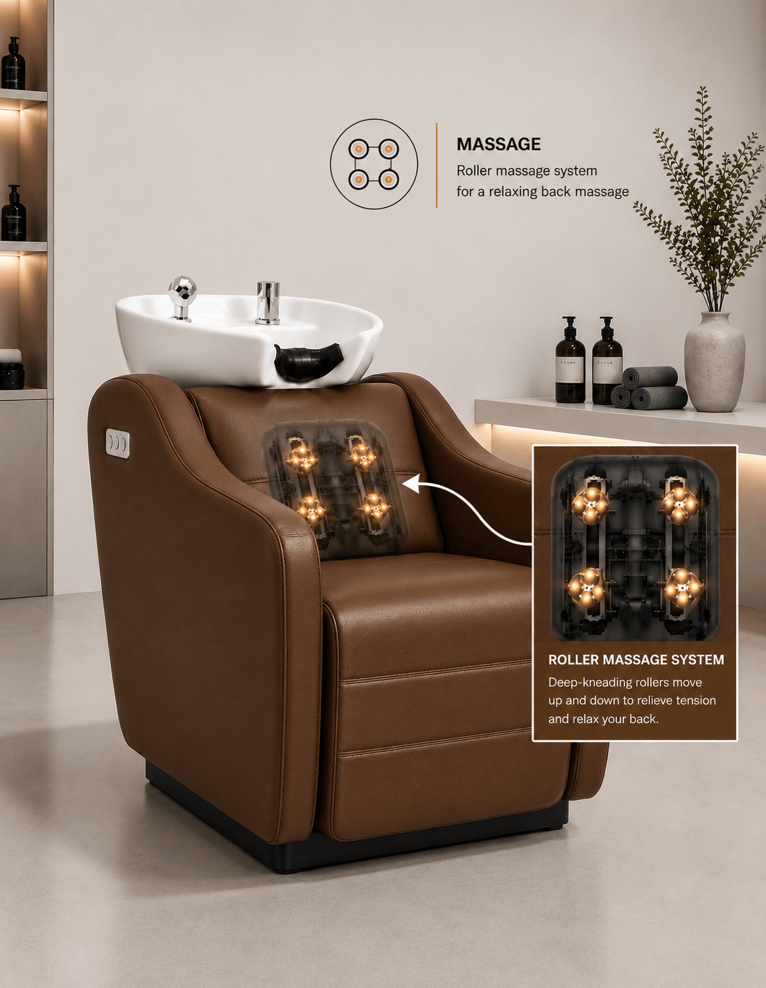 Harmony Hnědá Profesionální unisex mycí jednotka | Elektrická zadní mycí jednotka na šamponování s elektricky nastavitelným opěradlem a systémem masážních válečků pro kadeřnické salony a barber shopy