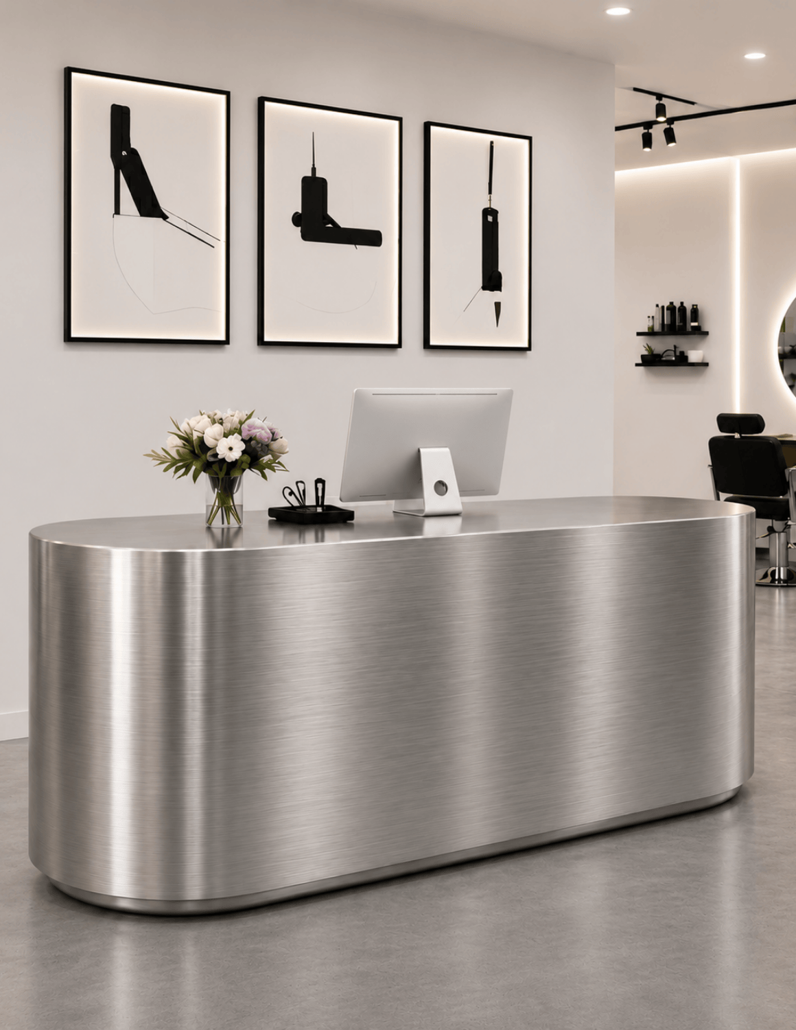 ELLIPSE — Minimalistični aluminijasti recepcijski pult za brivnice, frizerske salone in lepotne studie | Recepcijski pult z LED-osvetlitvijo in možnostjo logotipa