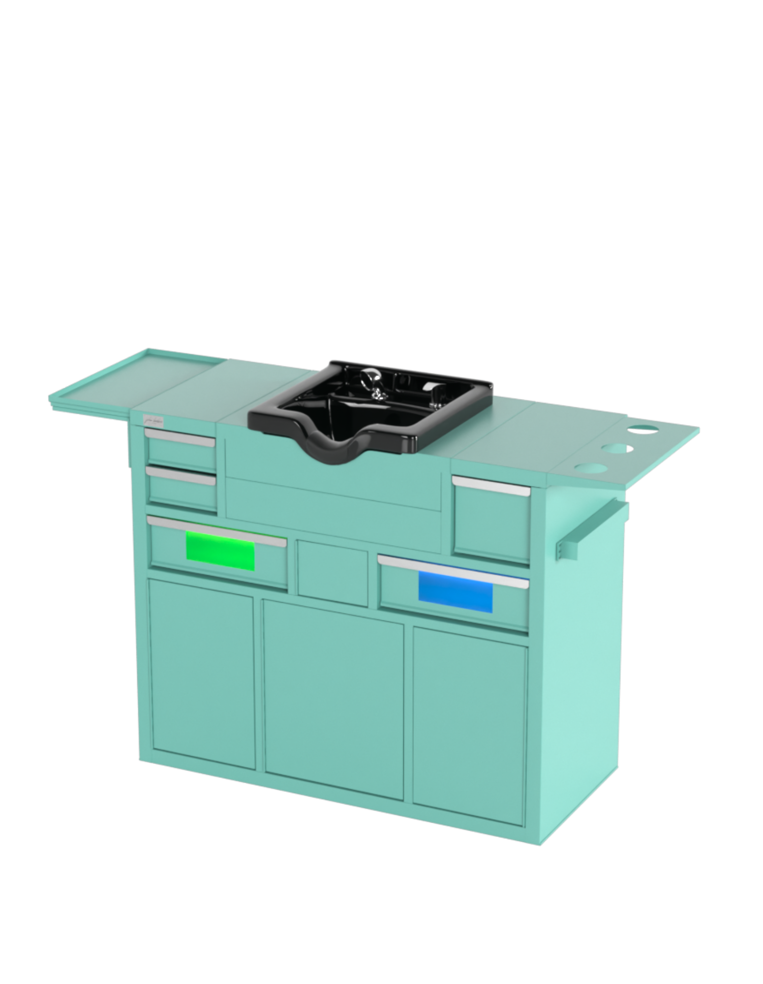 Berber Çalışma İstasyonu "Evolution" – Altı Renk Seçeneği ile Çalışma Alanı – UV Dezenfeksiyon – Lavabo – LED Işıklı Ayna