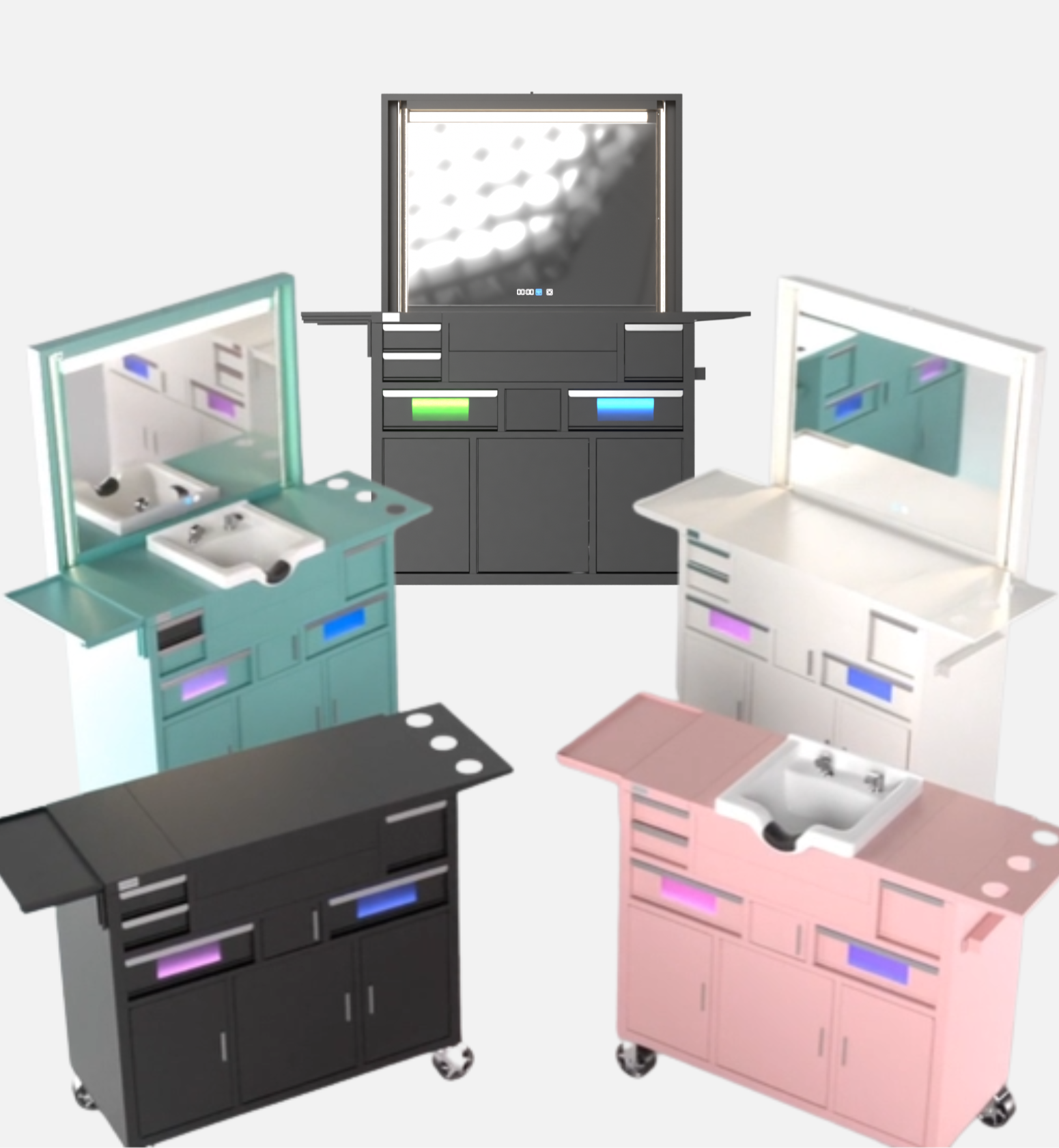 Berber Çalışma İstasyonu "Evolution" – Altı Renk Seçeneği ile Çalışma Alanı – UV Dezenfeksiyon – Lavabo – LED Işıklı Ayna