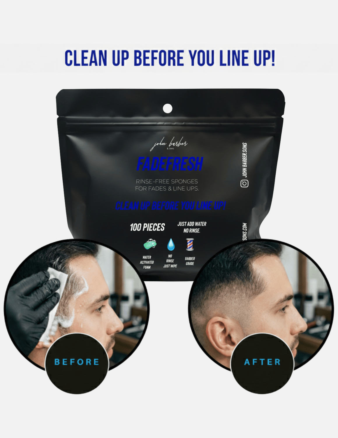 FadeFresh Barber Fade & Line Up Shampoo-Tücher – 100 Stück pro Packung, praktische Reinigungstücher für Haarlinie und Fade-Bereich, ohne Nachspülen oder Auswaschen.