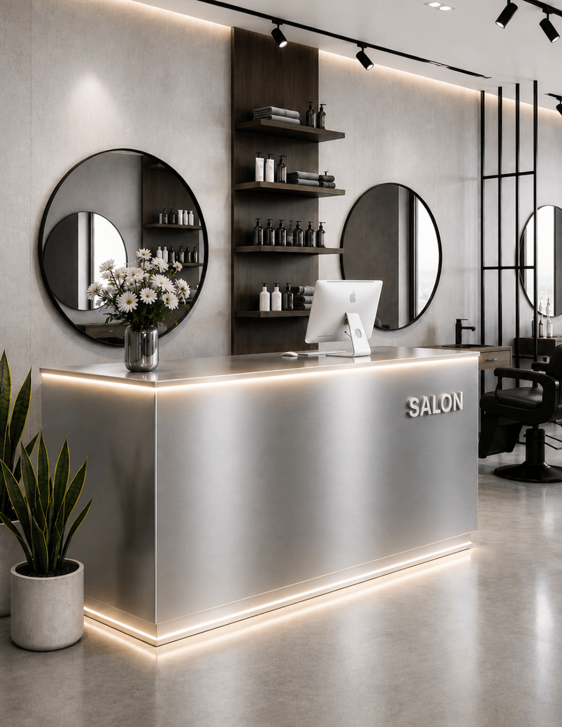 EDGE — Minimalist Aluminum Reception Counter for Barbershops, Hair Salons & Beauty Studios | Reception Desk & Reception Counter with LED Lighting & Logo Lettering