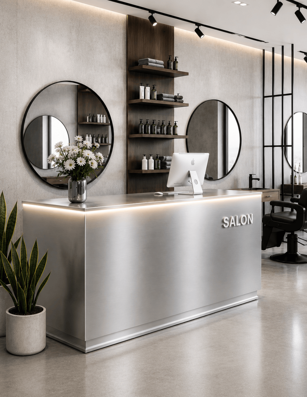 EDGE — Minimalist Aluminum Reception Counter for Barbershops, Hair Salons & Beauty Studios | Reception Desk & Reception Counter with LED Lighting & Logo Lettering