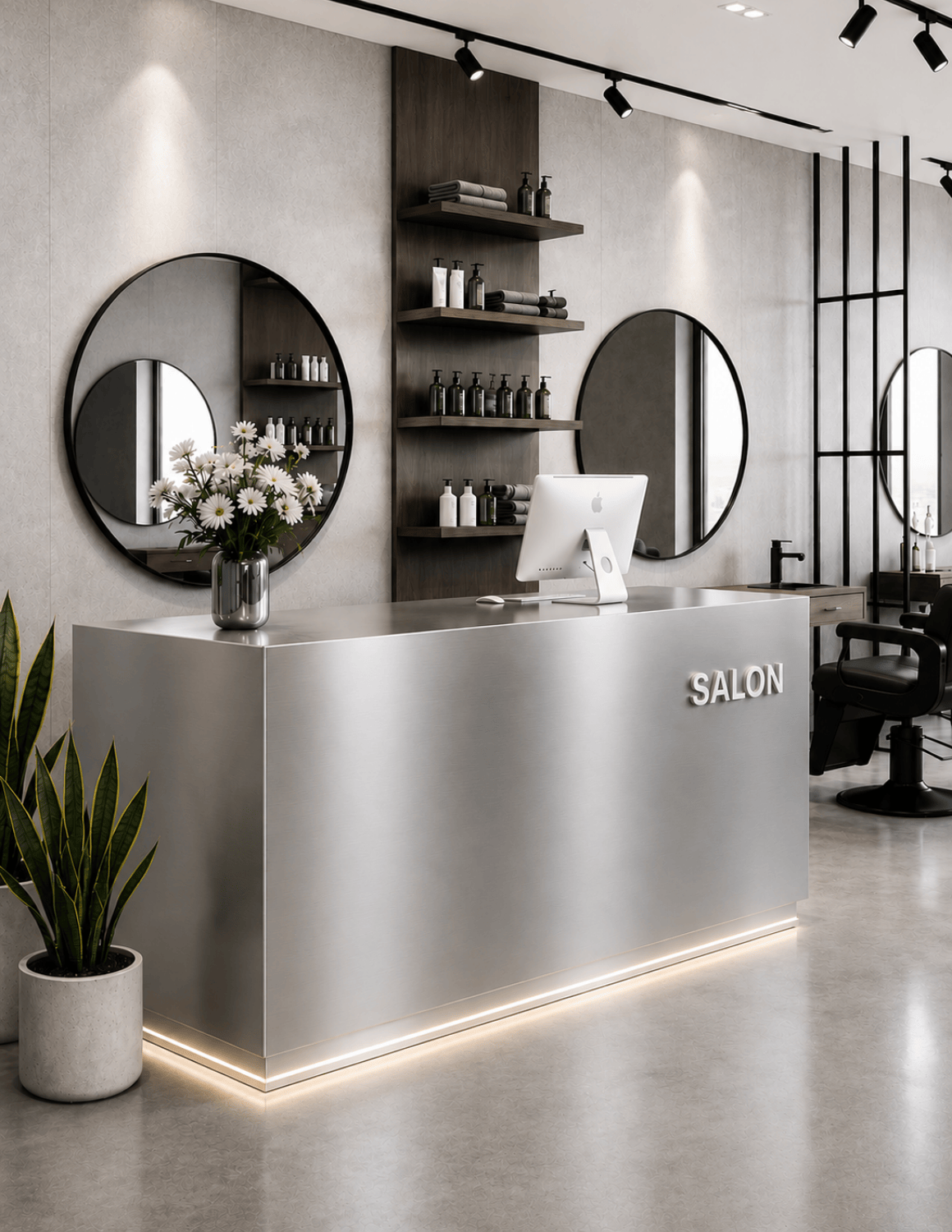 EDGE — Minimalist Aluminum Reception Counter for Barbershops, Hair Salons & Beauty Studios | Reception Desk & Reception Counter with LED Lighting & Logo Lettering