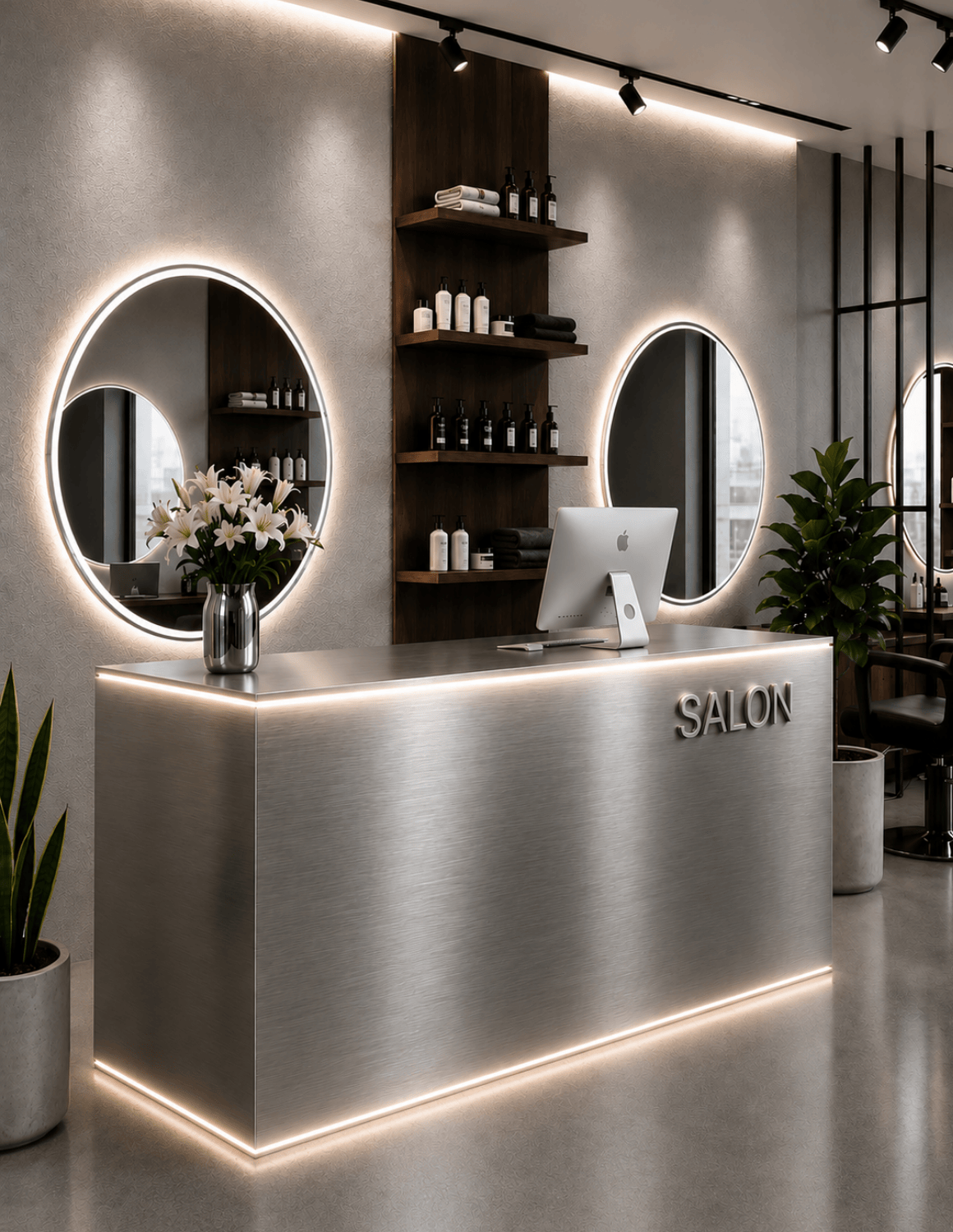 EDGE — Minimalist Aluminum Reception Counter for Barbershops, Hair Salons & Beauty Studios | Reception Desk & Reception Counter with LED Lighting & Logo Lettering