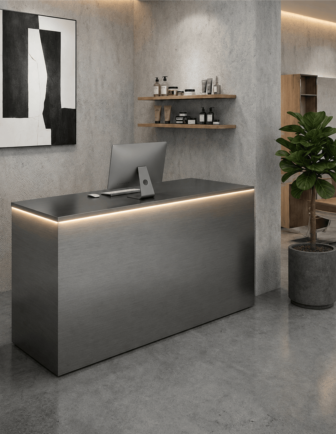 EDGE — Minimalist Aluminum Reception Counter for Barbershops, Hair Salons & Beauty Studios | Reception Desk & Reception Counter with LED Lighting & Logo Lettering