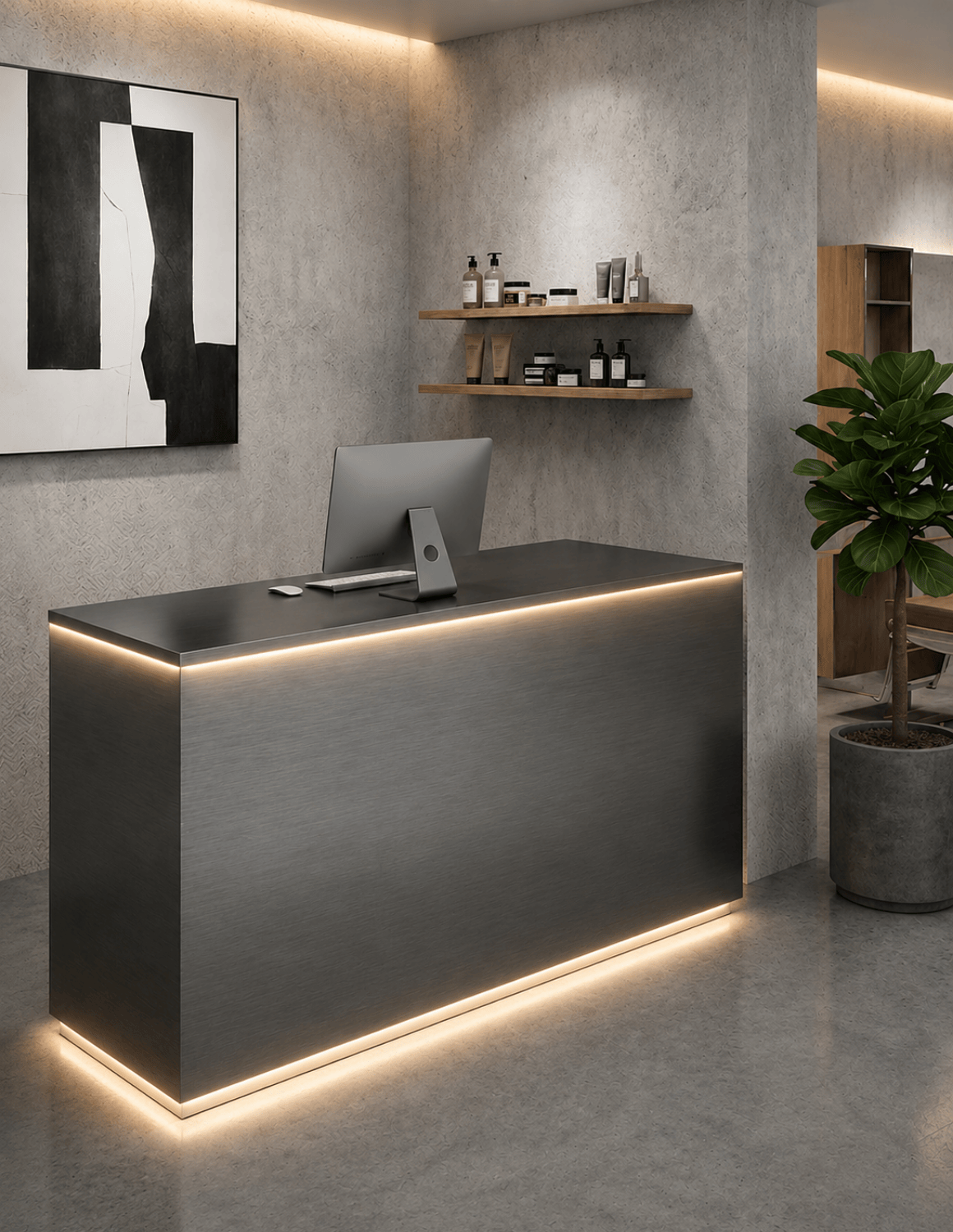 EDGE — Minimalist Aluminum Reception Counter for Barbershops, Hair Salons & Beauty Studios | Reception Desk & Reception Counter with LED Lighting & Logo Lettering