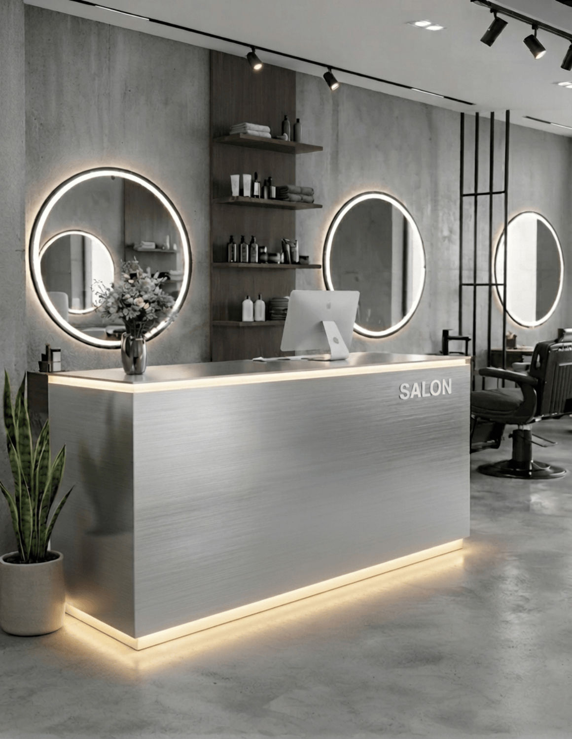 EDGE — Minimalist Aluminum Reception Counter for Barbershops, Hair Salons & Beauty Studios | Reception Desk & Reception Counter with LED Lighting & Logo Lettering
