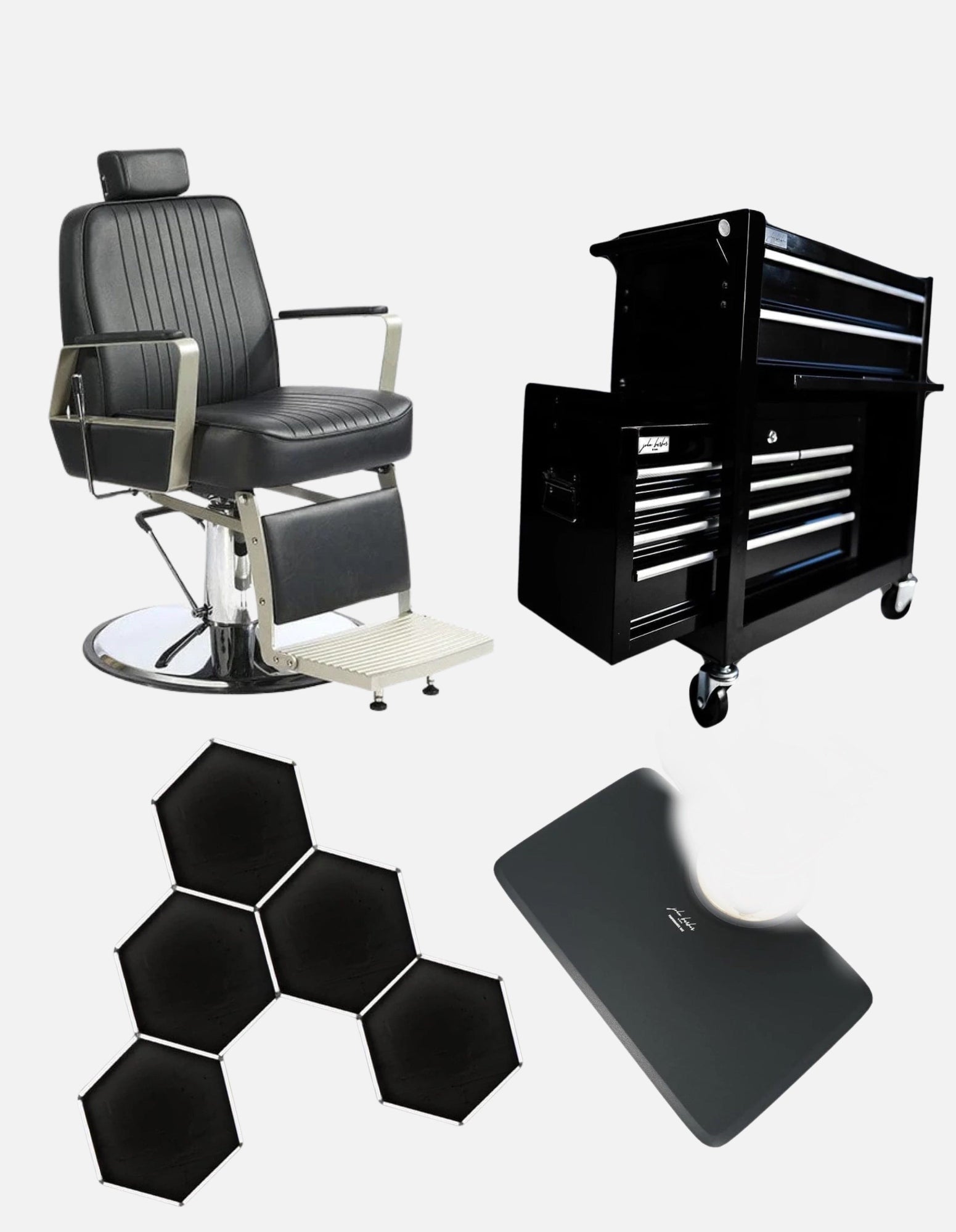 Barber Starter Set Schwarz mit Rollwagen, 5-Grid Hexagon Licht und Bodenmatte