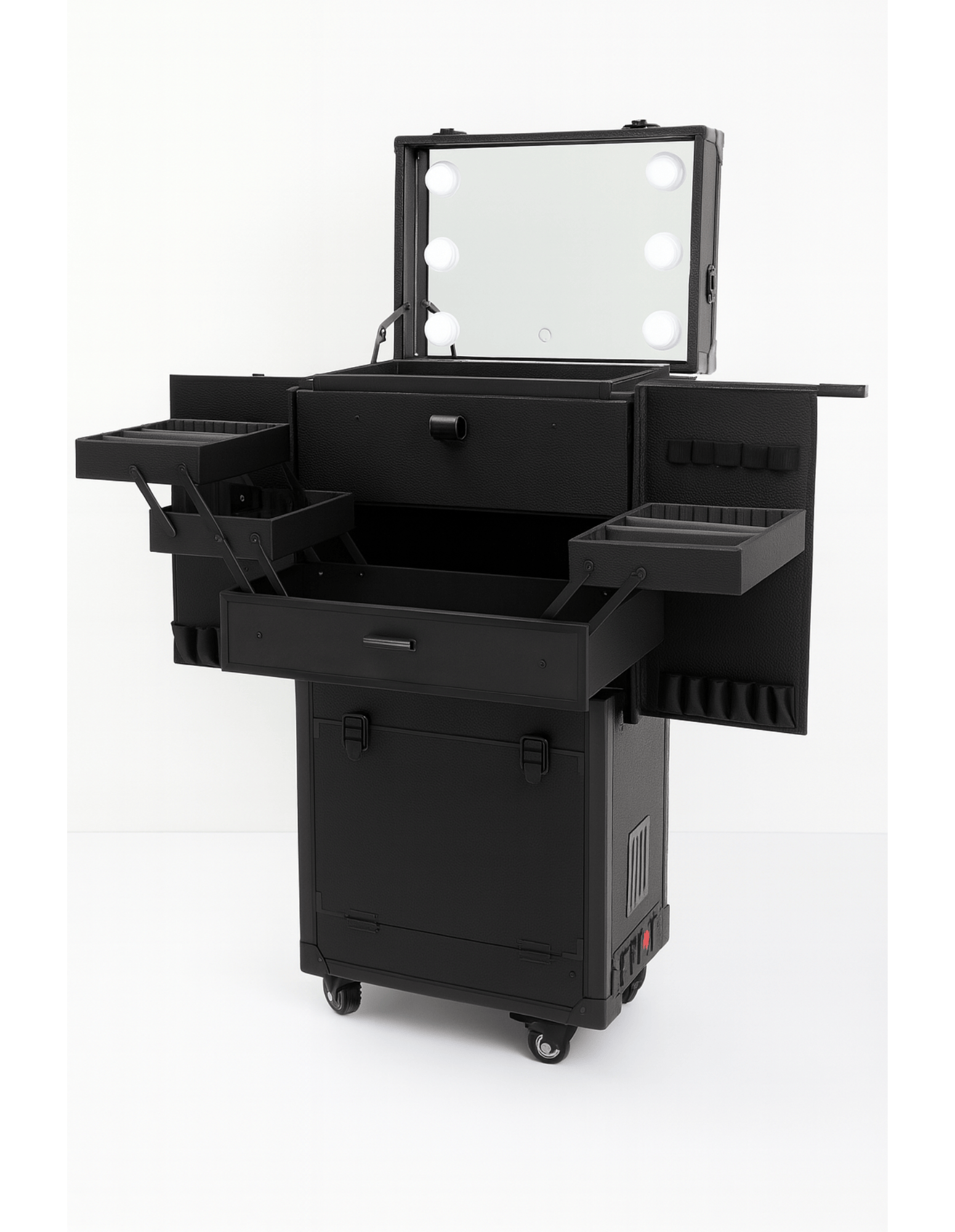 Mobiler Barber Trolley mit LED-Spiegel – Friseur Rollwagen mit Powerstation.