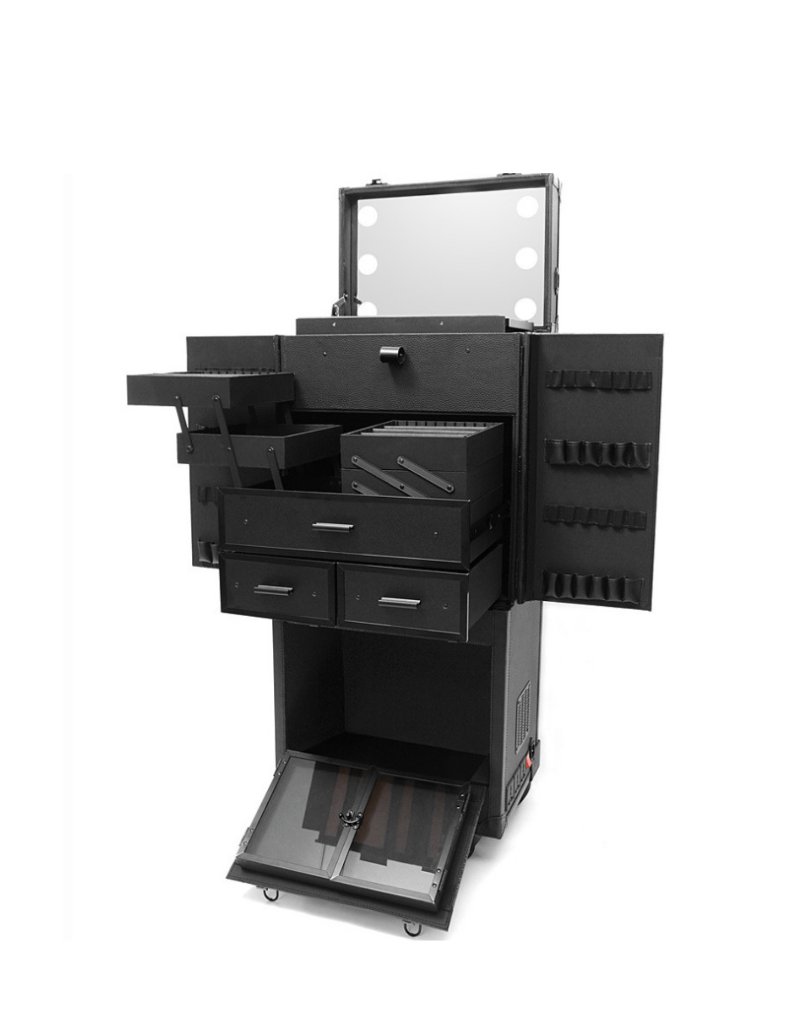 Mobiler Barber Trolley mit LED-Spiegel – Friseur Rollwagen mit Powerstation.