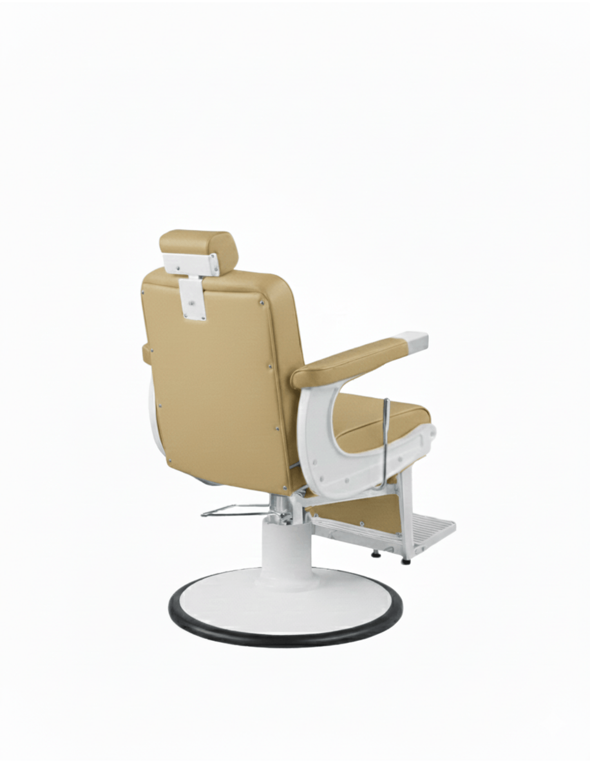 New School Barberstuhl in Champagnerbeige mit weißem Rahmen – eleganter Friseur- und Barberstuhl mit modernem Design und komfortabler Polsterung für professionelle Salons.