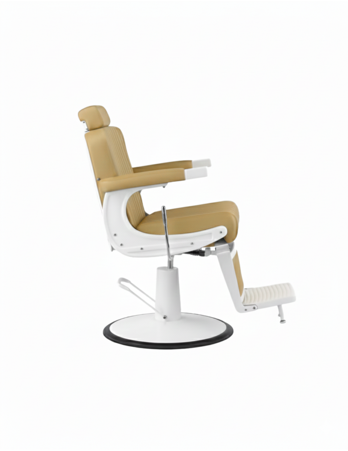 New School Barberstuhl in Champagnerbeige mit weißem Rahmen – eleganter Friseur- und Barberstuhl mit modernem Design und komfortabler Polsterung für professionelle Salons.
