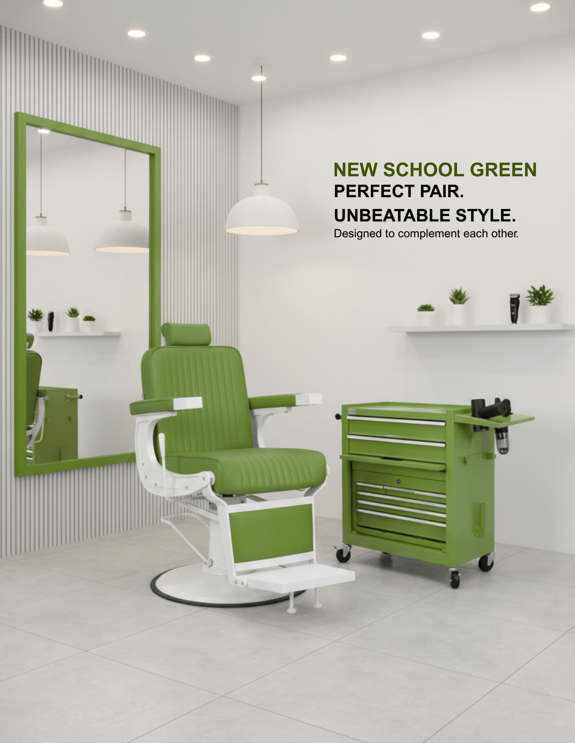 New School Barberstuhl in Grün mit weißem Rahmen – moderner Friseur- und Barberstuhl mit elegantem Design und hohem Sitzkomfort für professionelle Salons.