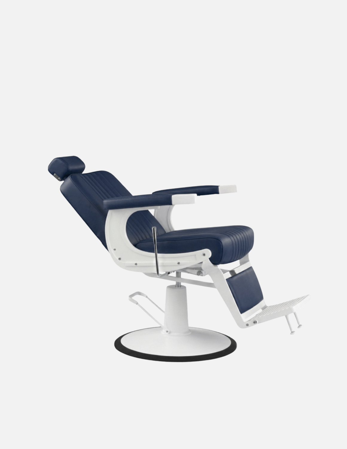 New School Barberstuhl in Marineblau mit weißem Rahmen – moderner Friseur- und Barberstuhl mit stilvollem Design und hohem Sitzkomfort für den Salon.
