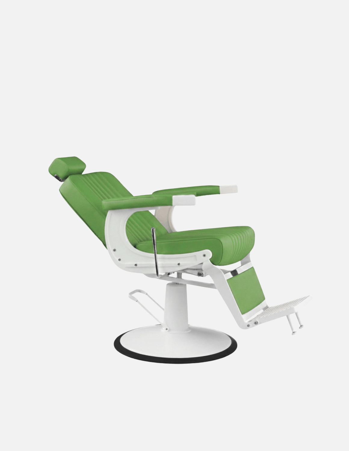 New School Barberstuhl in Grün mit weißem Rahmen – moderner Friseur- und Barberstuhl mit elegantem Design und hohem Sitzkomfort für professionelle Salons.