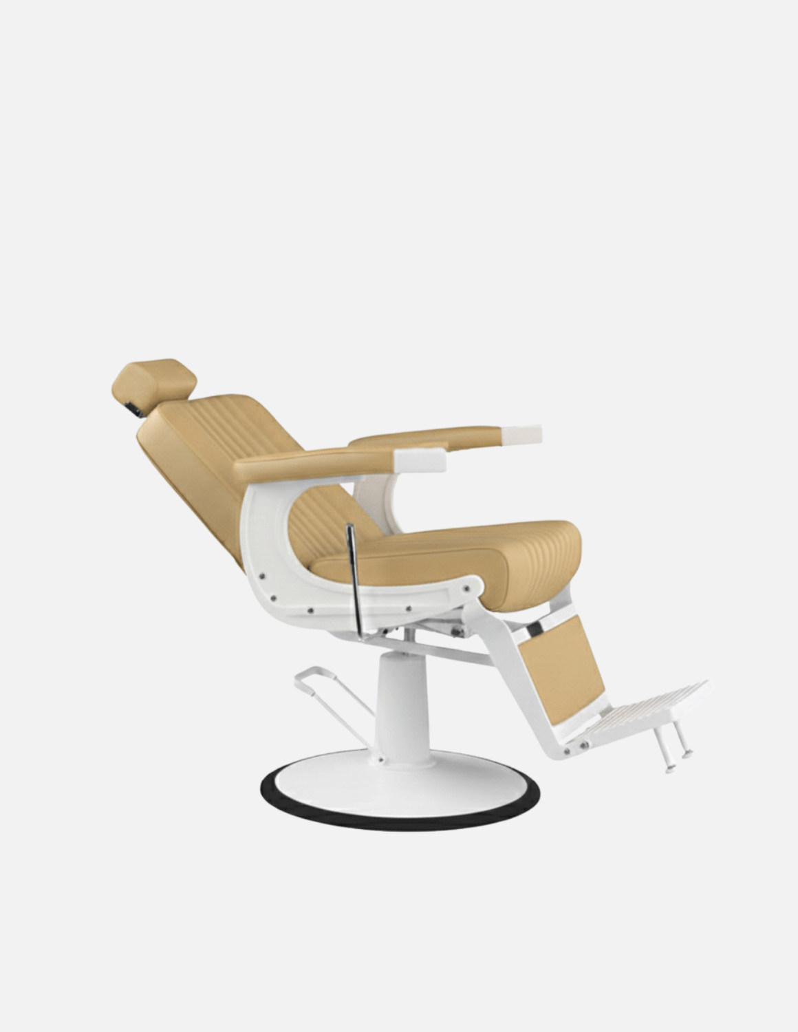 New School Barberstuhl in Champagnerbeige mit weißem Rahmen – eleganter Friseur- und Barberstuhl mit modernem Design und komfortabler Polsterung für professionelle Salons.