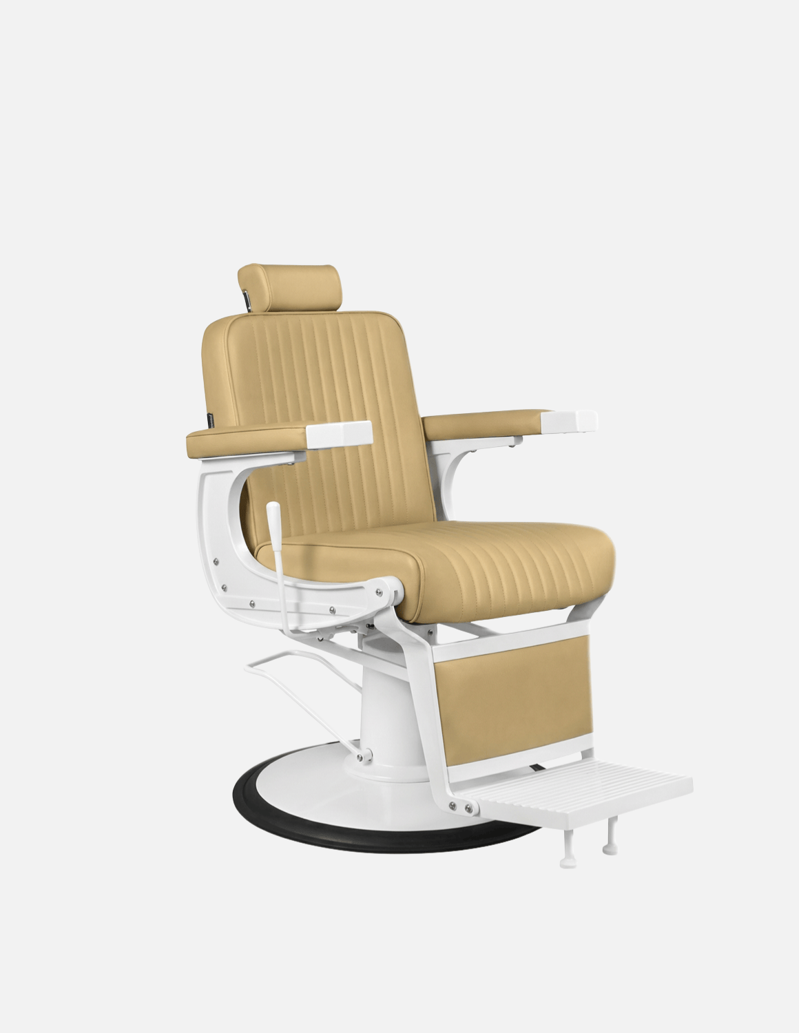 New School Barberstuhl in Champagnerbeige mit weißem Rahmen – eleganter Friseur- und Barberstuhl mit modernem Design und komfortabler Polsterung für professionelle Salons.
