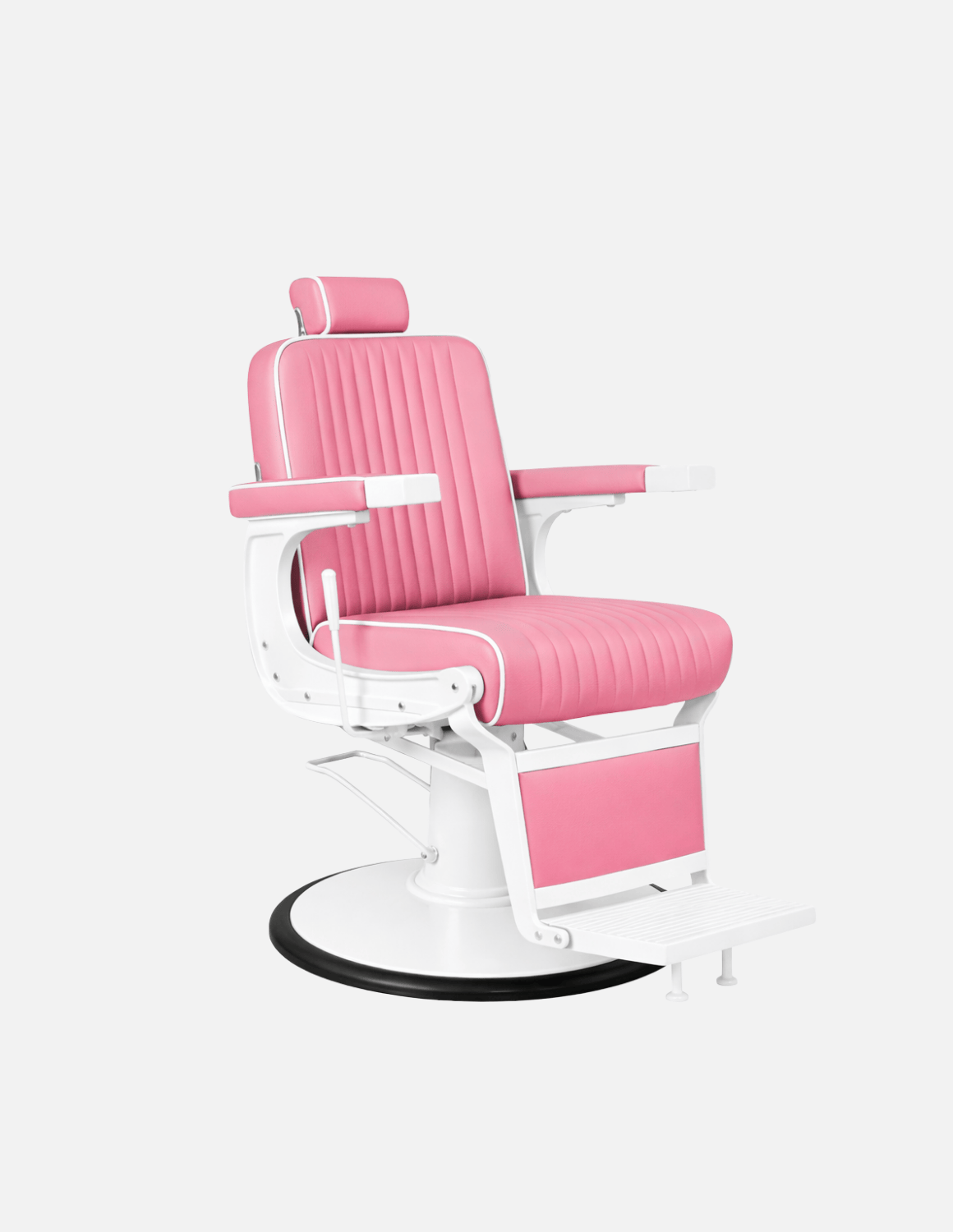 New School Barberstuhl in Pink mit weißem Rahmen – moderner Friseur- und Barberstuhl mit auffälligem Design und hohem Sitzkomfort für Barbershops und Salons.