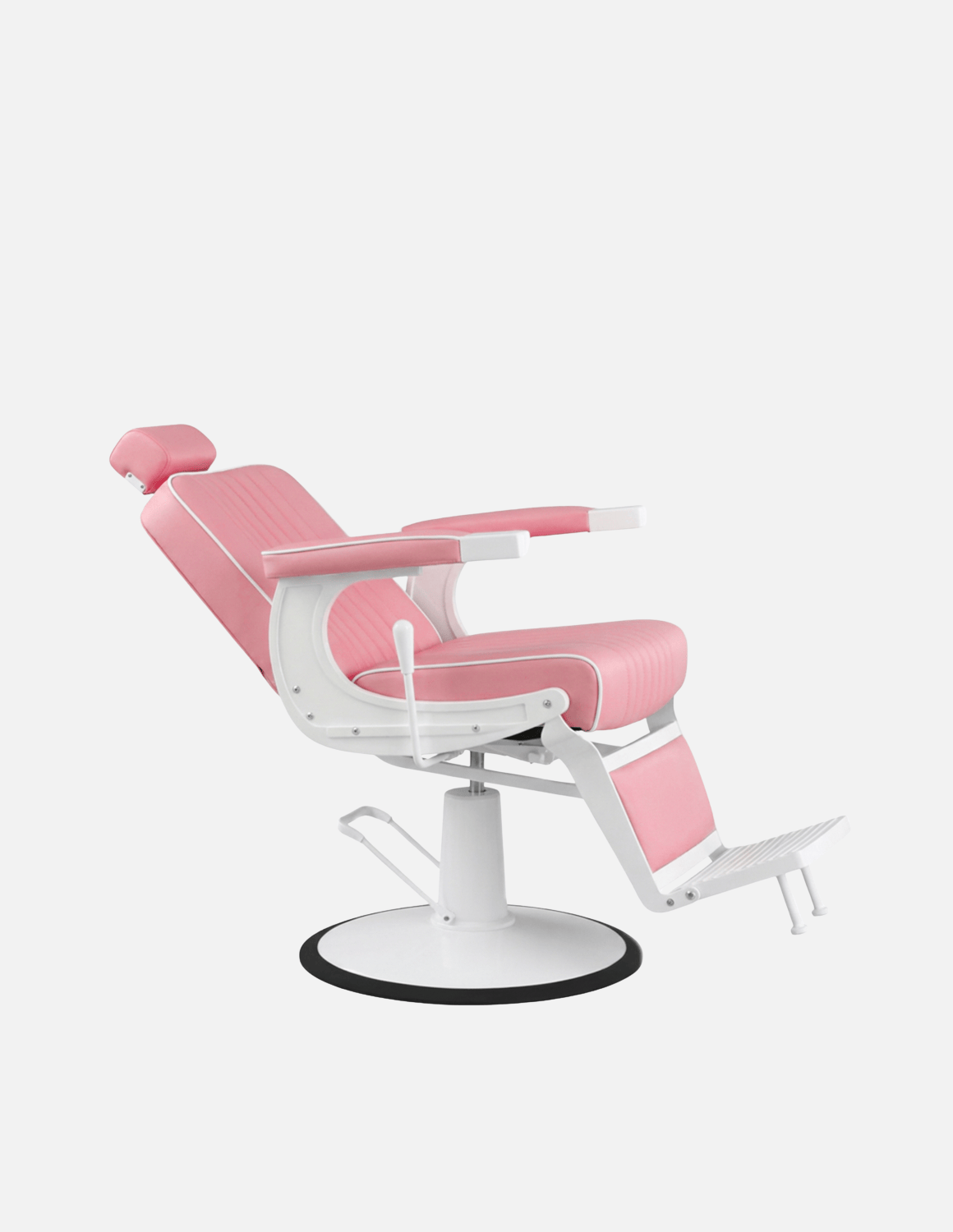 New School Barberstuhl in Pink mit weißem Rahmen – moderner Friseur- und Barberstuhl mit auffälligem Design und hohem Sitzkomfort für Barbershops und Salons.