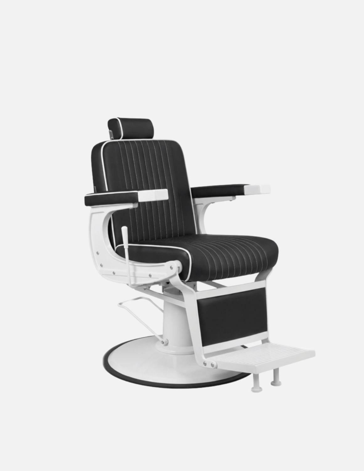 New School Barberstuhl in Schwarz mit weißem Rahmen – moderner Friseur- und Barberstuhl mit elegantem Design und komfortabler Polsterung für professionelle Barbershops und Salons.