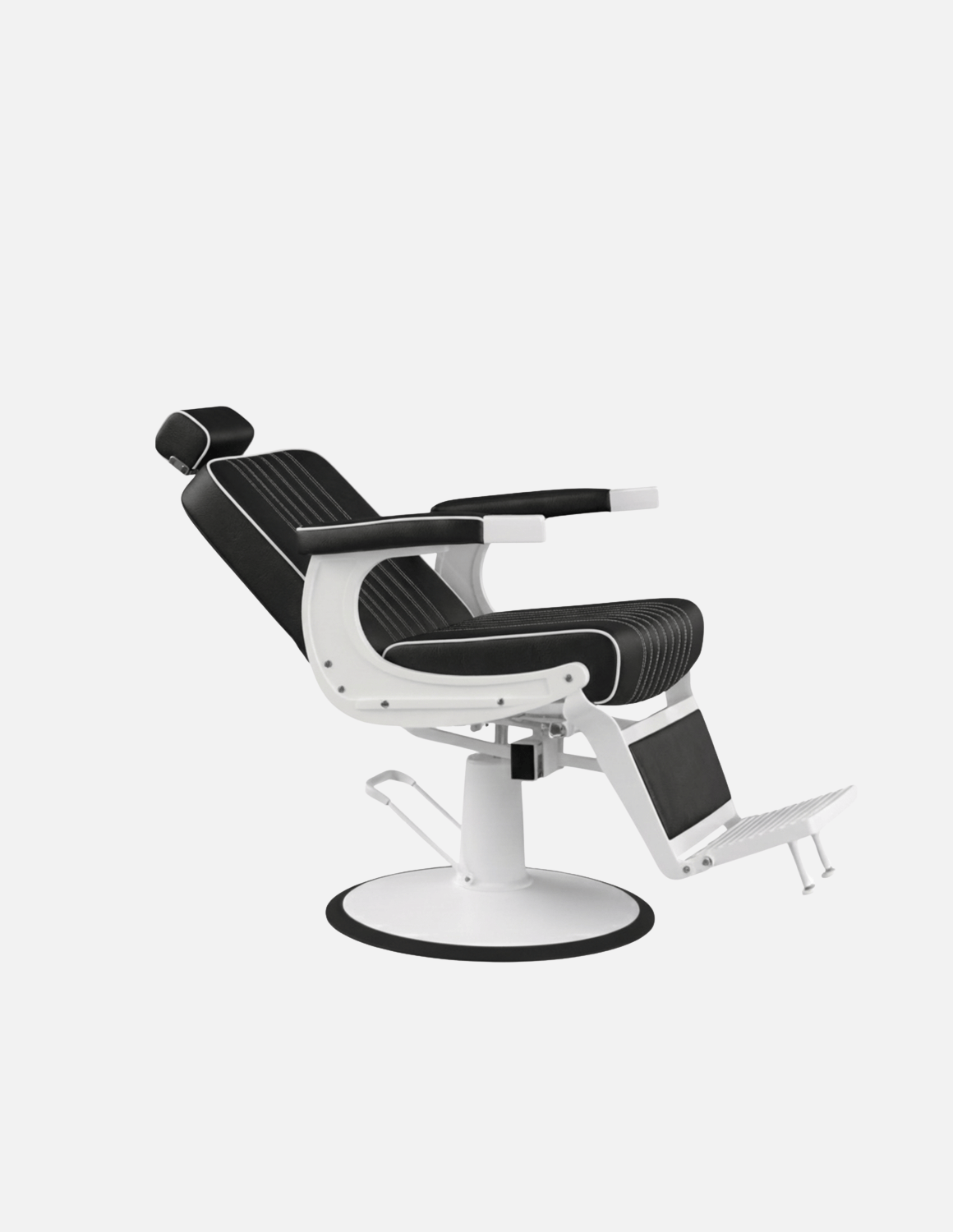 New School Barberstuhl in Schwarz mit weißem Rahmen – moderner Friseur- und Barberstuhl mit elegantem Design und komfortabler Polsterung für professionelle Barbershops und Salons.