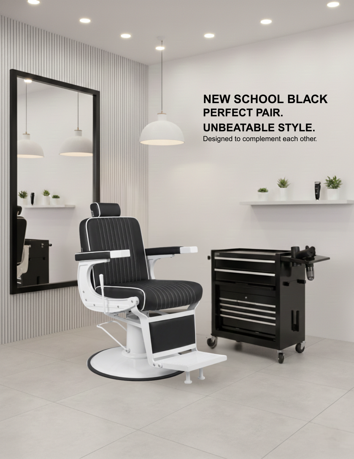 New School Barberstuhl in Schwarz mit weißem Rahmen – moderner Friseur- und Barberstuhl mit elegantem Design und komfortabler Polsterung für professionelle Barbershops und Salons.