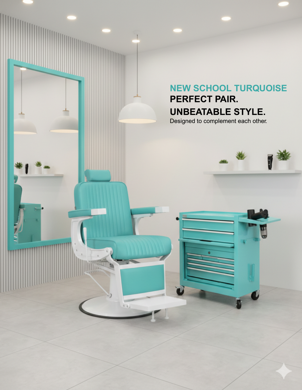 New School Barberstuhl in Türkis mit weißem Rahmen – moderner Friseur- und Barberstuhl mit auffälligem Design und komfortabler Polsterung für professionelle Salons und Barbershops.