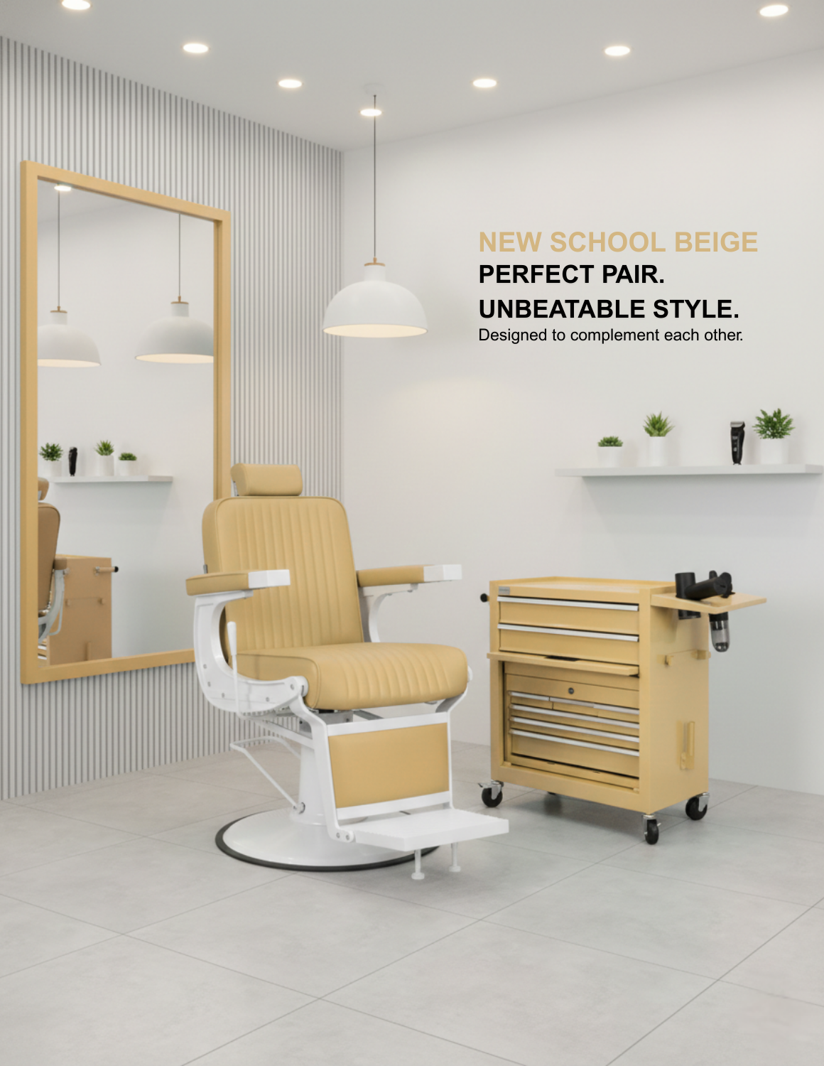 New School Barberstuhl in Champagnerbeige mit weißem Rahmen – eleganter Friseur- und Barberstuhl mit modernem Design und komfortabler Polsterung für professionelle Salons.