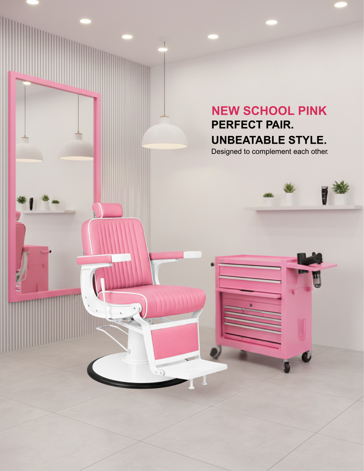 New School Barberstuhl in Pink mit weißem Rahmen – moderner Friseur- und Barberstuhl mit auffälligem Design und hohem Sitzkomfort für Barbershops und Salons.