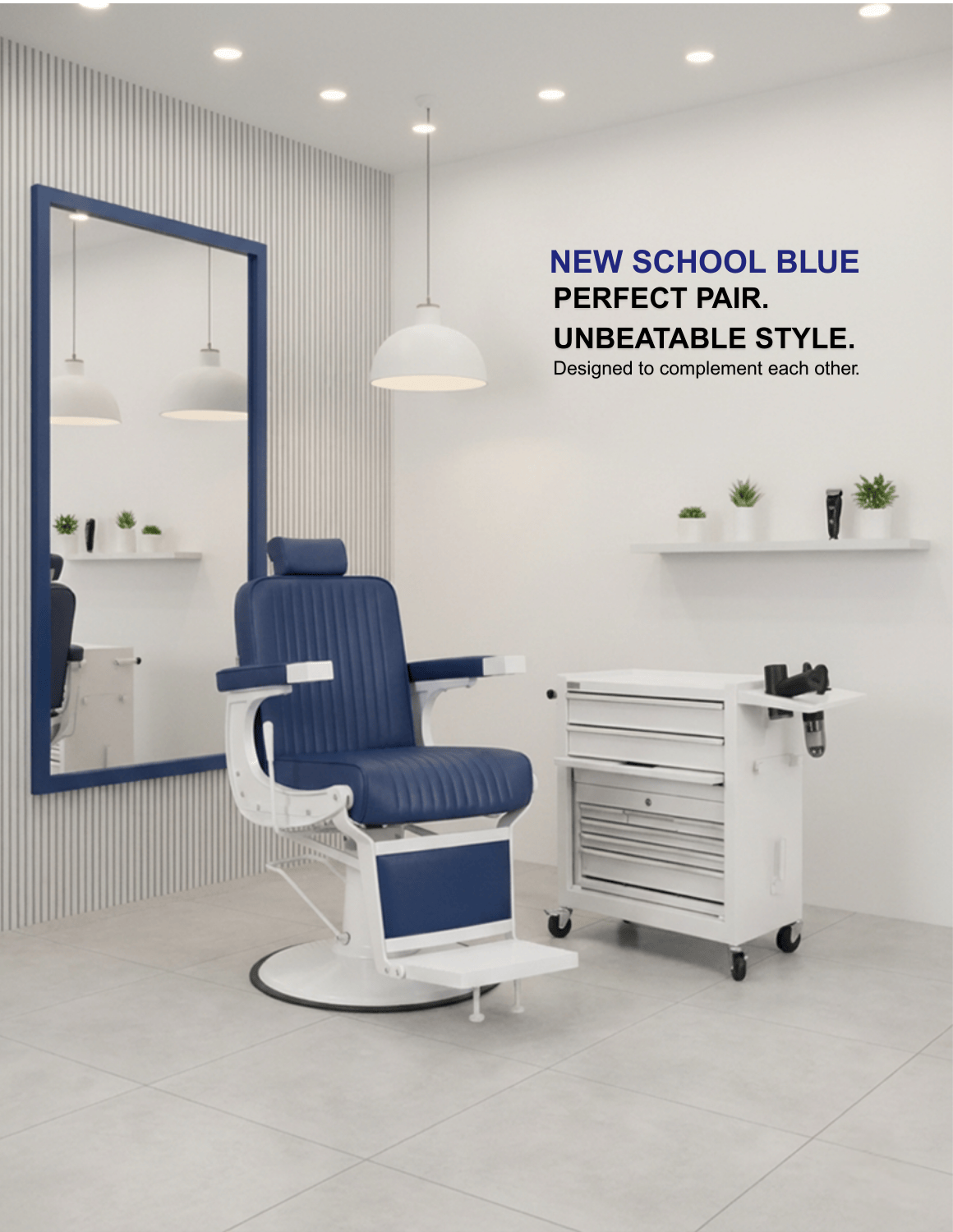 New School Barberstuhl in Marineblau mit weißem Rahmen – moderner Friseur- und Barberstuhl mit stilvollem Design und hohem Sitzkomfort für den Salon.