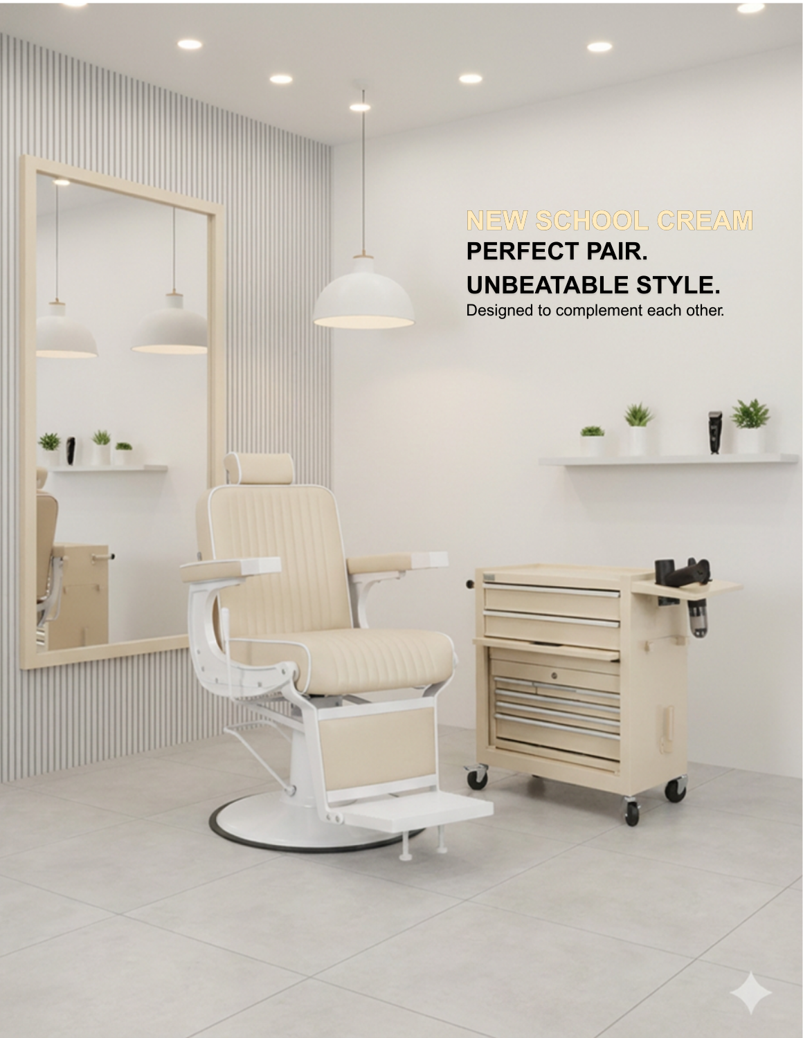 Barberstuhl New School Creme Weißes Gestell