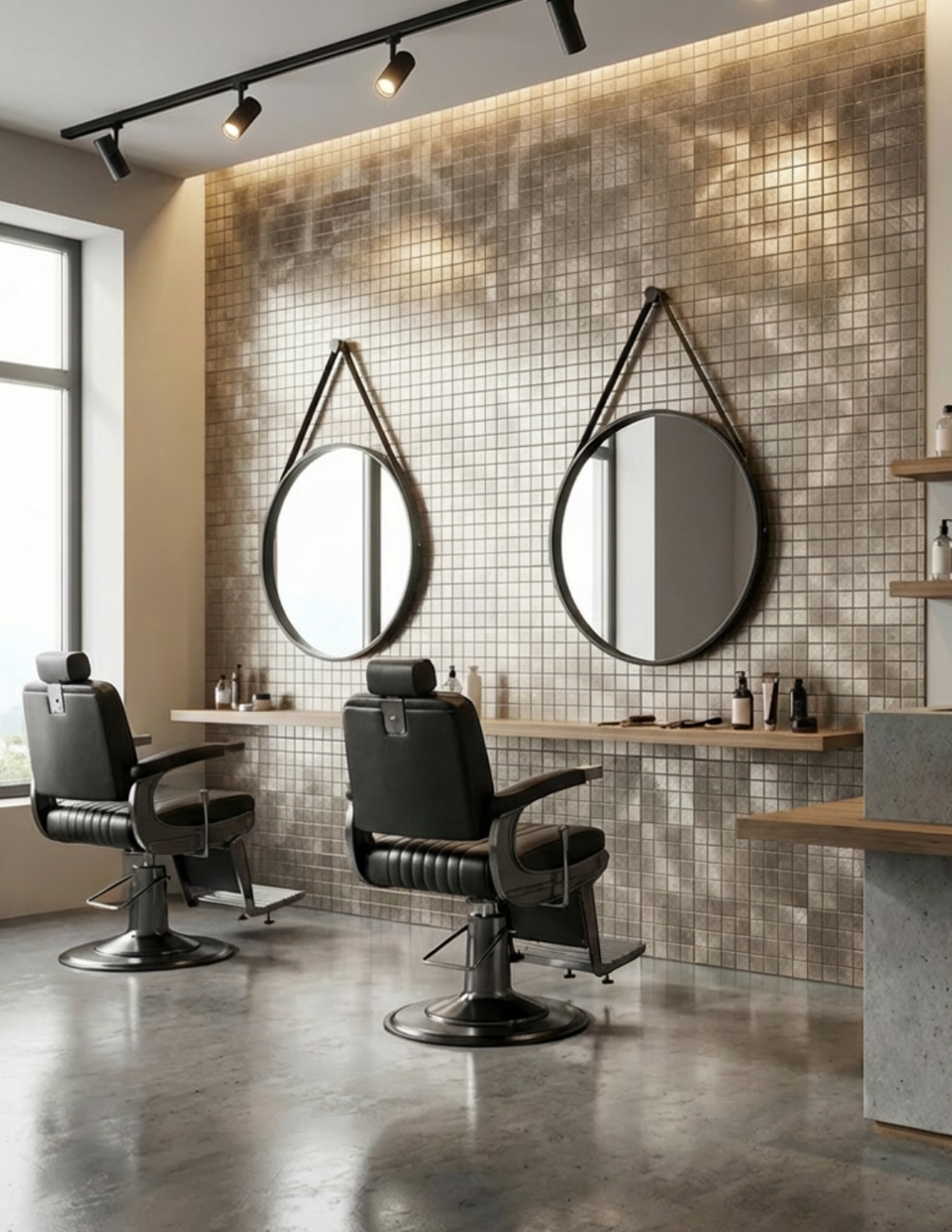Dekorative selbstklebende Metallwandfliesen – stilvolle Wandverkleidung für Friseursalons, Barbershops und Kosmetikstudios mit modernem Design.