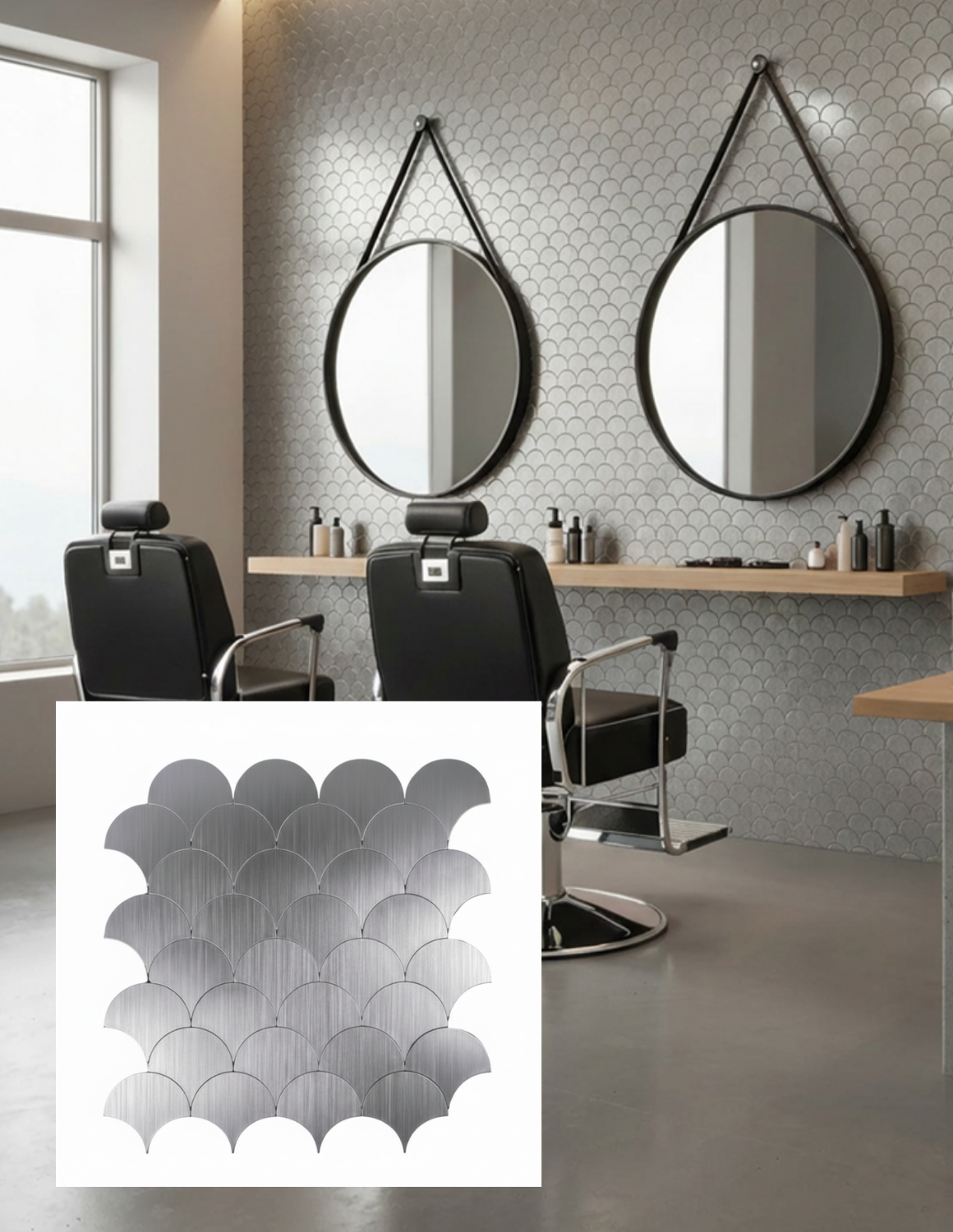 Dekorative selbstklebende Metallwandfliesen – stilvolle Wandverkleidung für Friseursalons, Barbershops und Kosmetikstudios mit modernem Design.