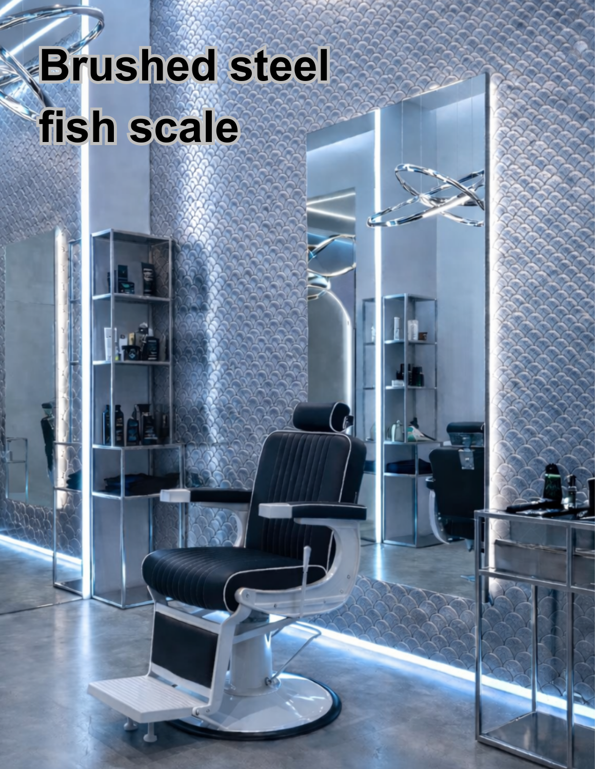 Dekorative selbstklebende Metallwandfliesen – stilvolle Wandverkleidung für Friseursalons, Barbershops und Kosmetikstudios mit modernem Design.
