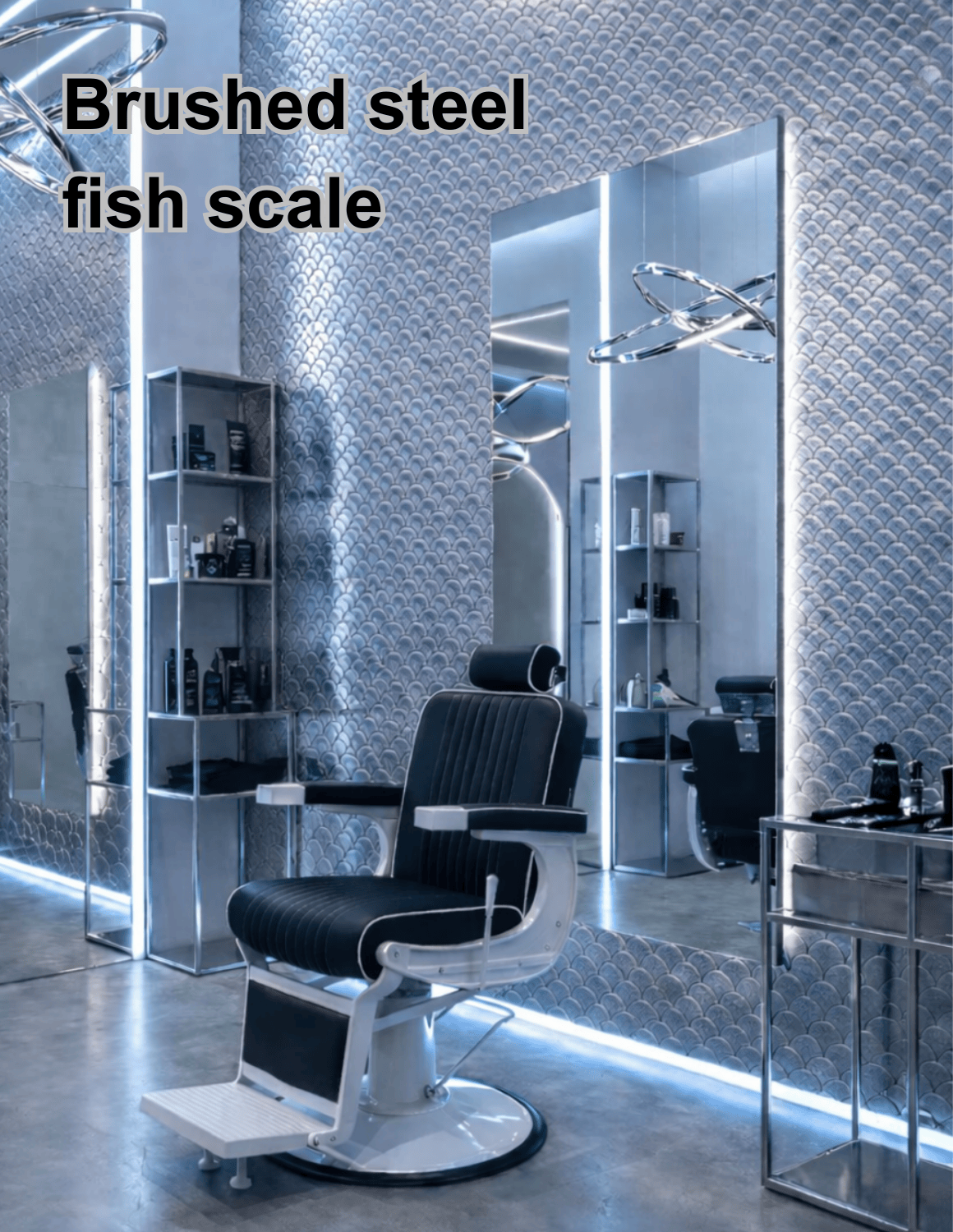 Dekorative selbstklebende Metallwandfliesen – stilvolle Wandverkleidung für Friseursalons, Barbershops und Kosmetikstudios mit modernem Design.