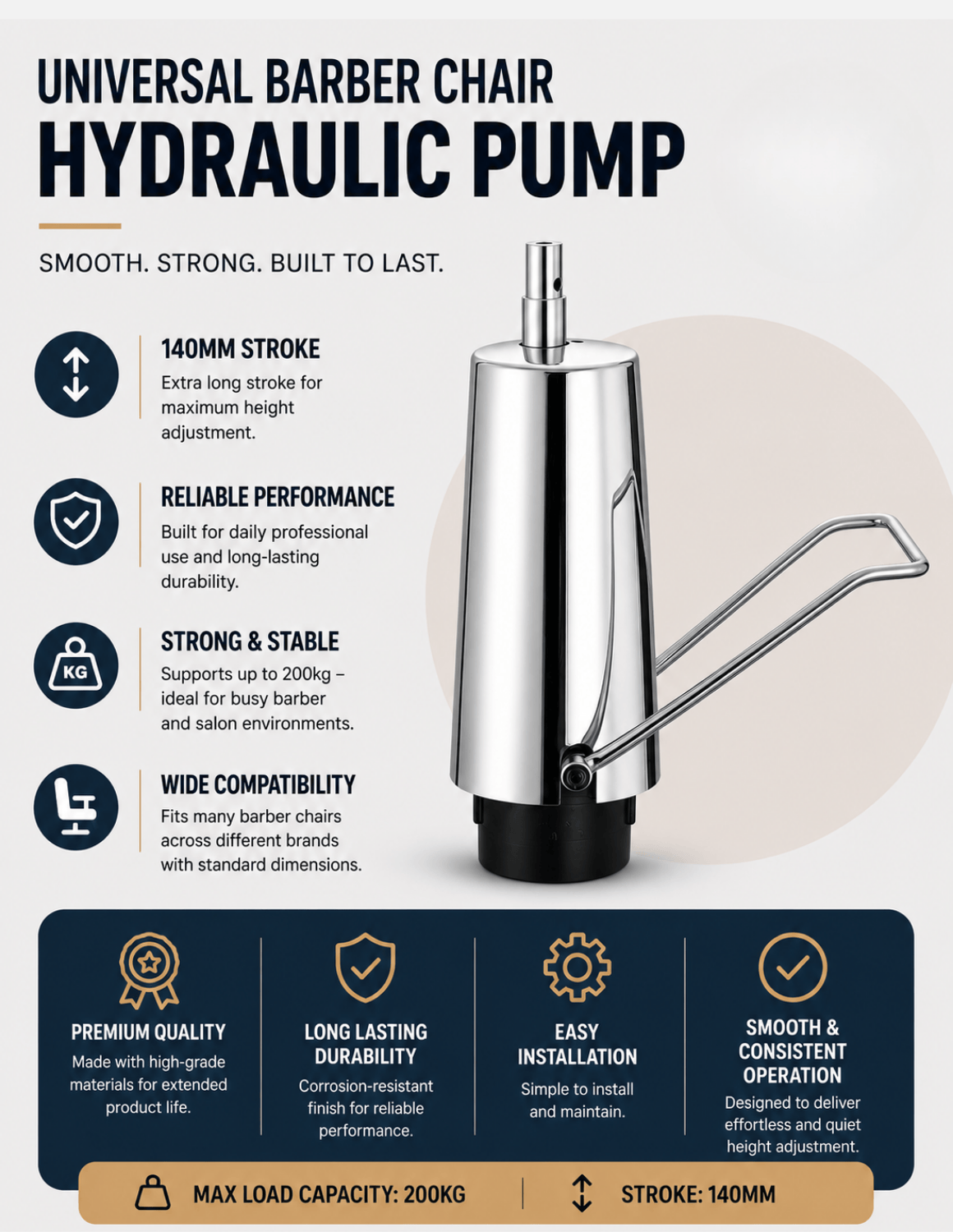 Hydraulická pumpa pro barber a kadeřnické křeslo | Univerzální náhradní hydraulický válec se zdvihem 140 mm