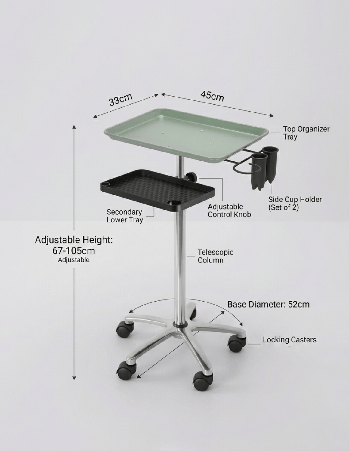 Salon & Barber Tray Trolley with One or Two Tiers, Height Adjustable 67–105 cm