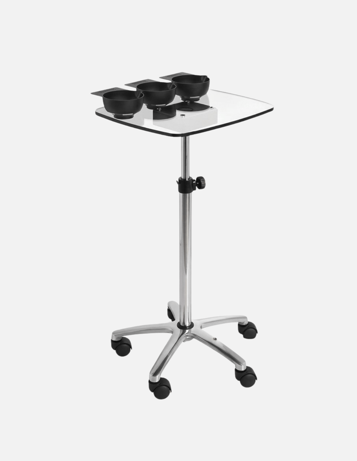 Transparent Tray Trolley for Barbers & Hairdressers – Height Adjustable with Mixing Bowls and Aluminum Base