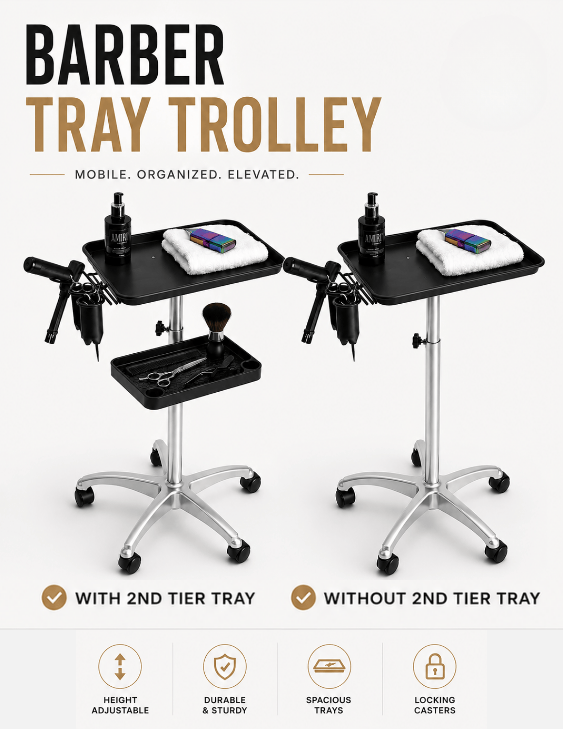 Salon & Barber Tray Trolley with One or Two Tiers, Height Adjustable 67–105 cm