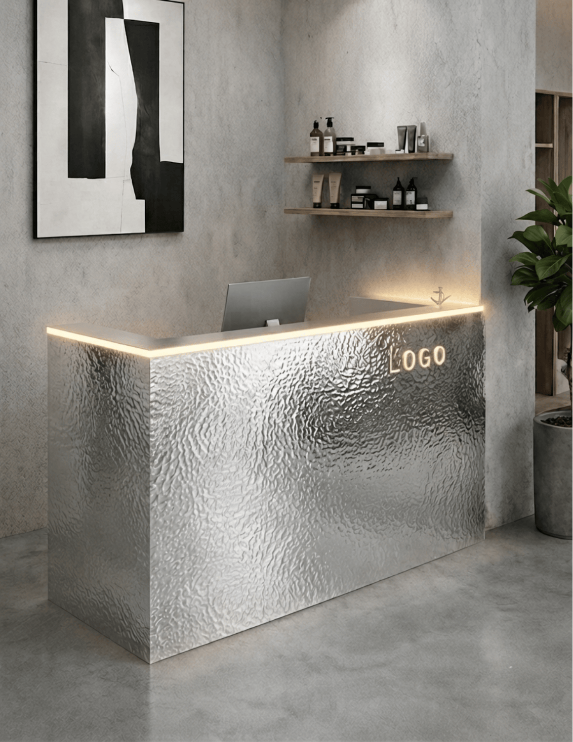 EDGE — Minimalist Aluminum Reception Counter for Barbershops, Hair Salons & Beauty Studios | Reception Desk & Reception Counter with LED Lighting & Logo Lettering
