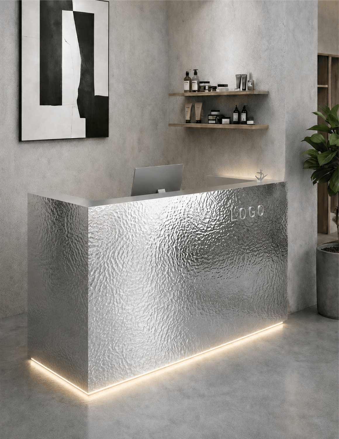EDGE — Minimalist Aluminum Reception Counter for Barbershops, Hair Salons & Beauty Studios | Reception Desk & Reception Counter with LED Lighting & Logo Lettering