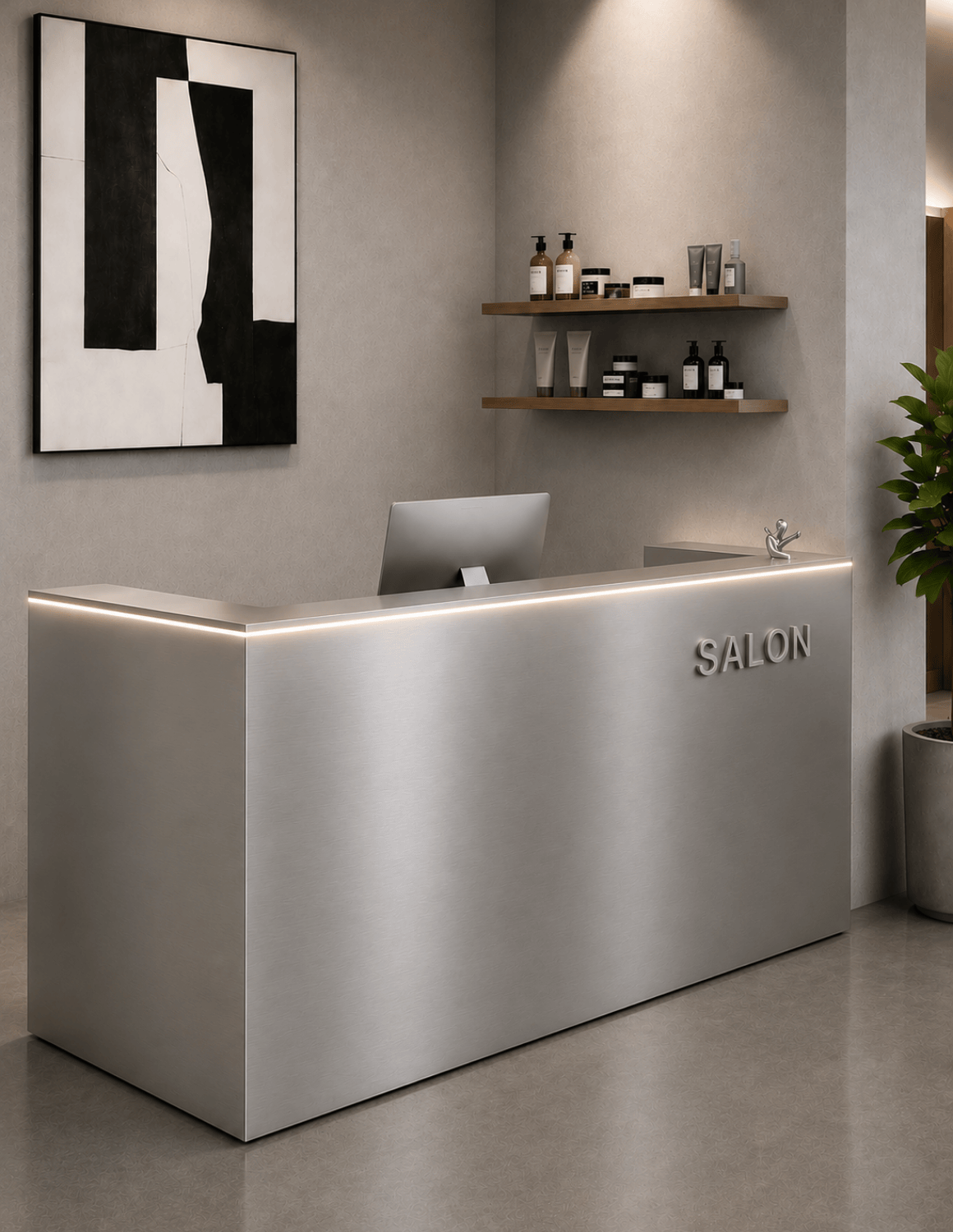 EDGE — Minimalist Aluminum Reception Counter for Barbershops, Hair Salons & Beauty Studios | Reception Desk & Reception Counter with LED Lighting & Logo Lettering