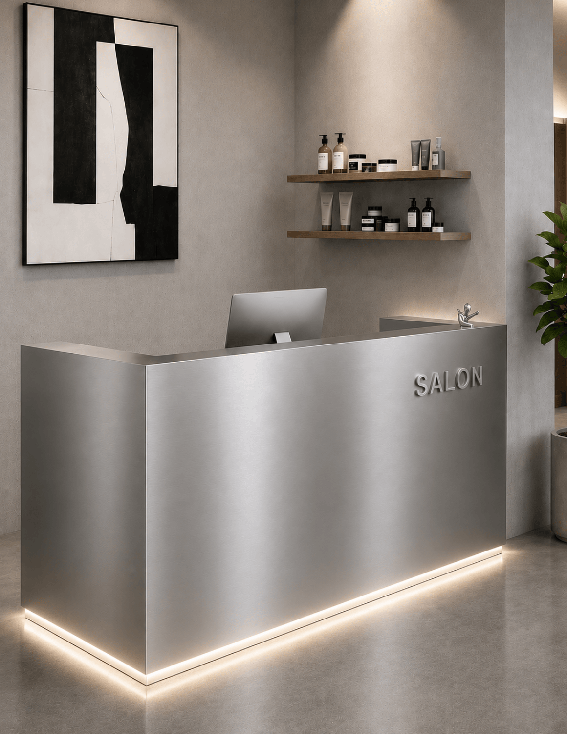 EDGE — Minimalist Aluminum Reception Counter for Barbershops, Hair Salons & Beauty Studios | Reception Desk & Reception Counter with LED Lighting & Logo Lettering