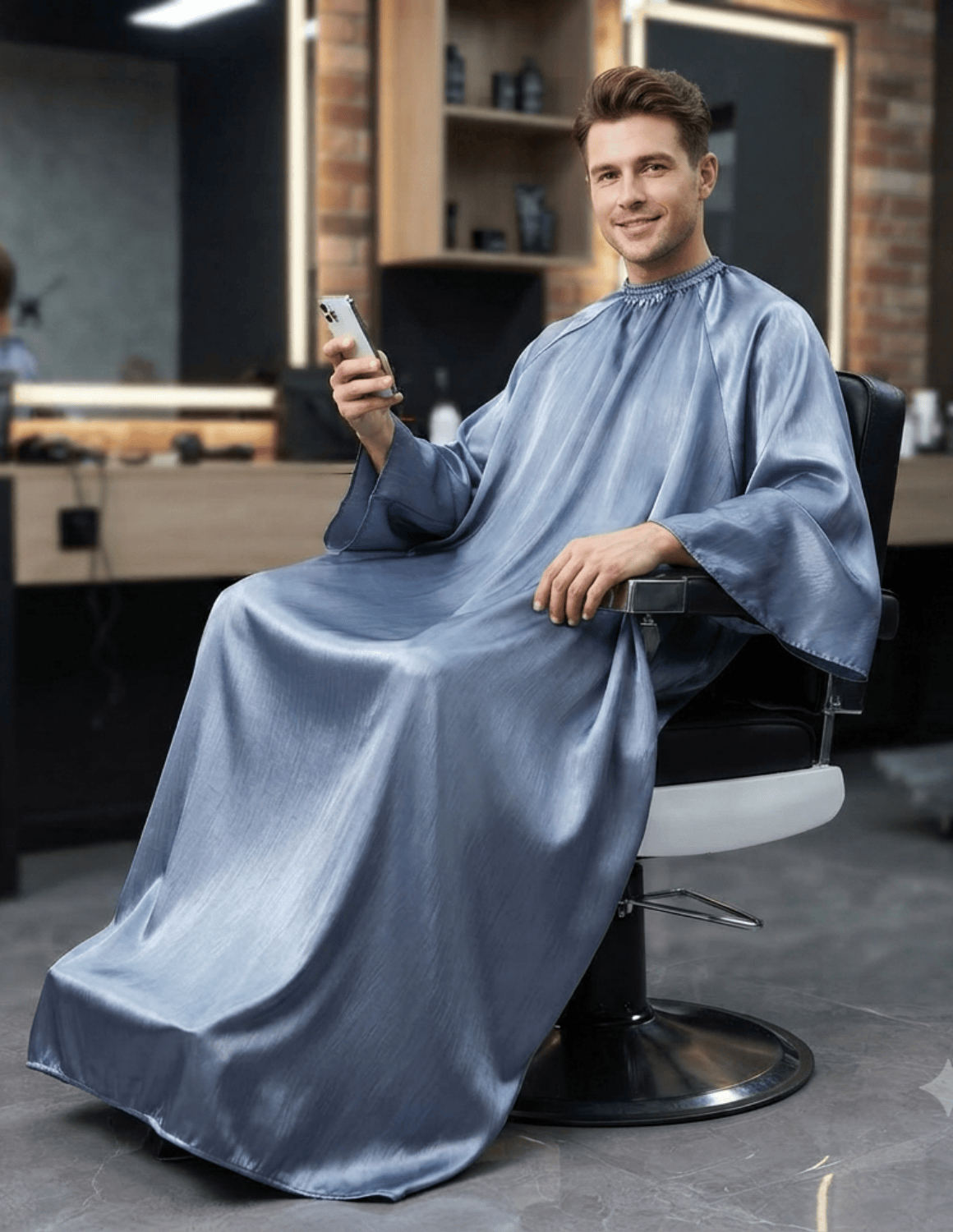 Premium satinbarberkappa med kimono-armöppningar och sidenlook – Utan logotyp | Frisörkappa & satinkappa