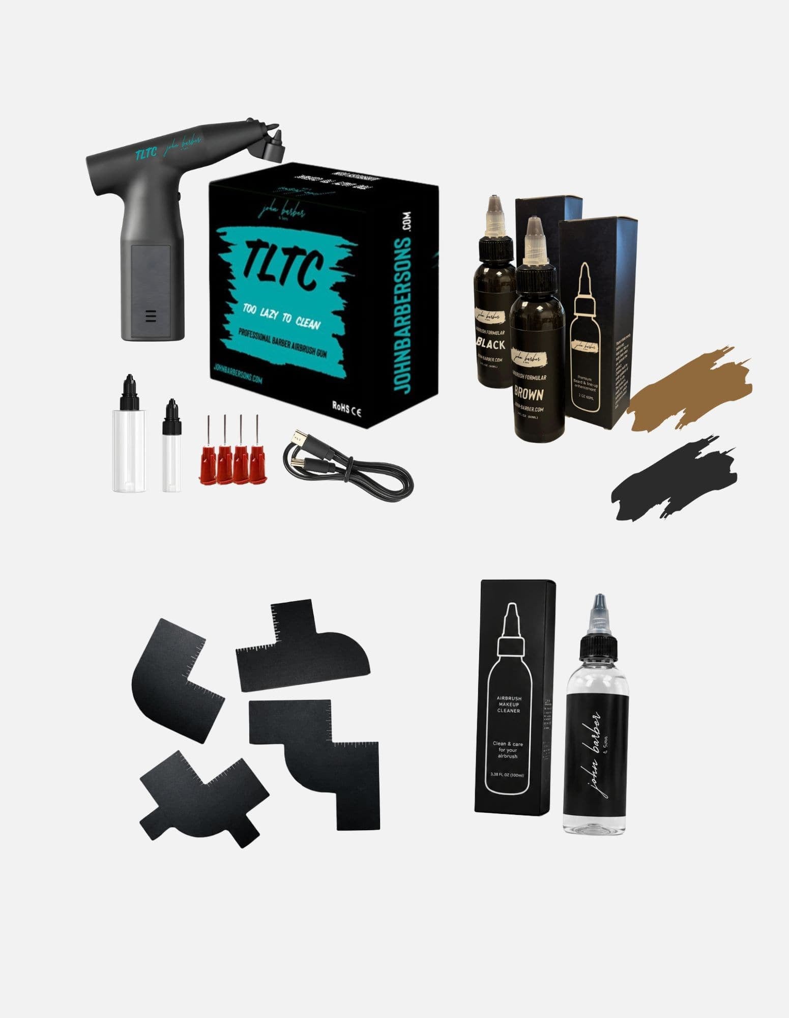TLTC 1.0 – Barber Airbrush Gun Complete Set – s šablonami, čistilom za airbrush in airbrush barvami v črni in rjavi barvi