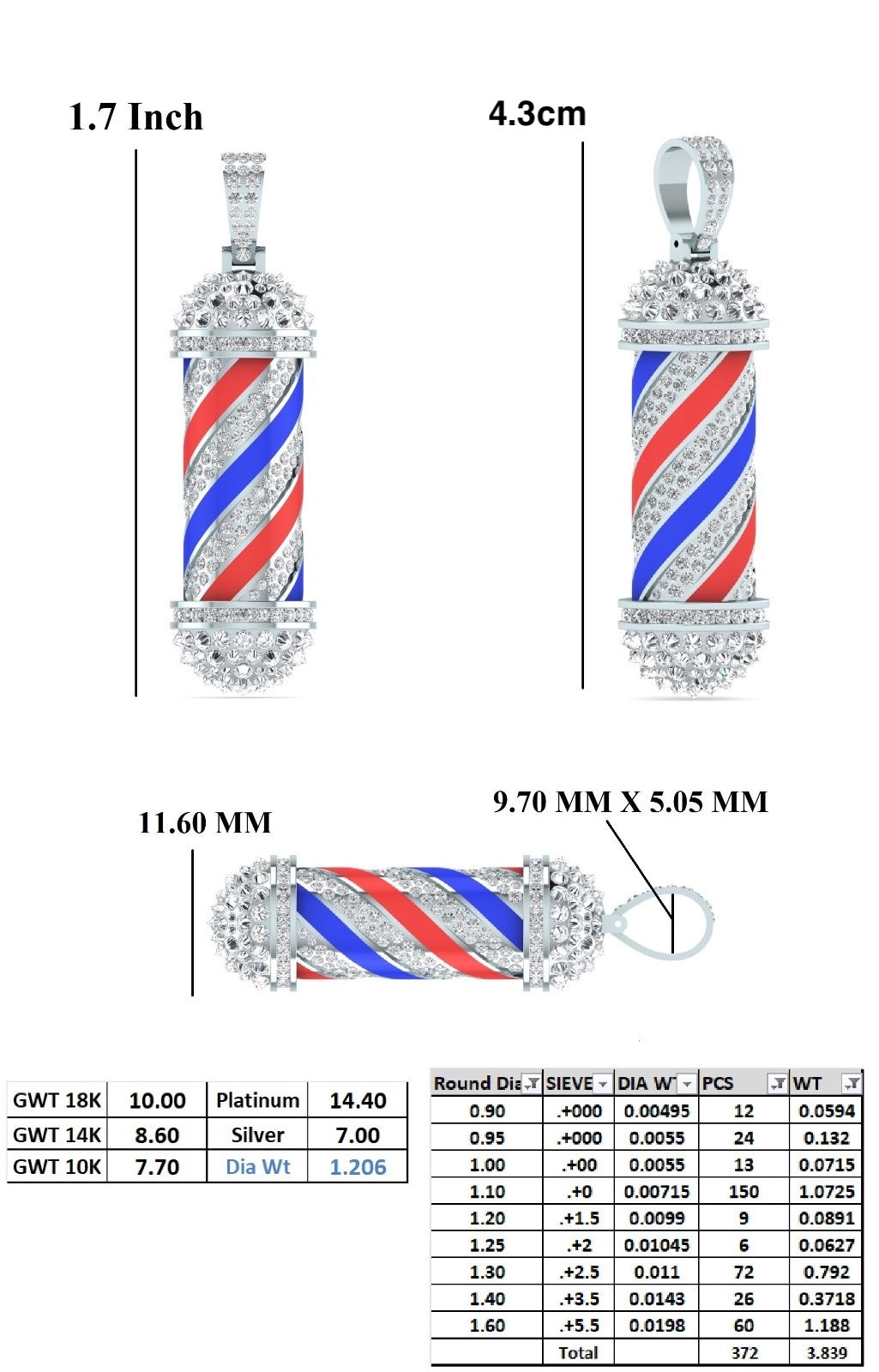 Prívesok Barber Pole zo zlata 925 alebo platiny - voliteľne s moissanitom alebo pravými diamantmi VS VVS G-H