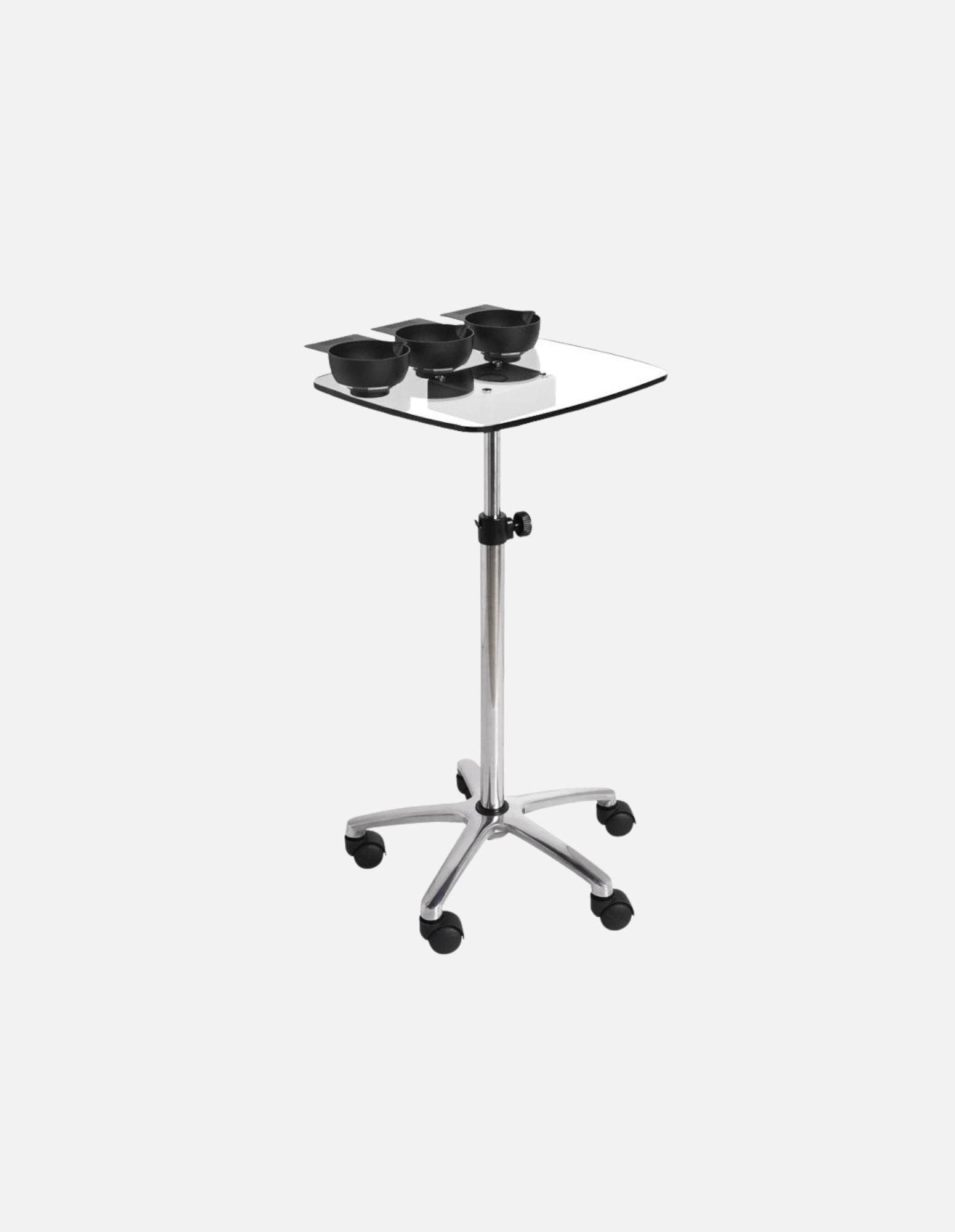 Premium Acrylic Color Tray Station z višinsko nastavljivim aluminijastim podstavkom – mobilna delovna postaja za salone in barber shope