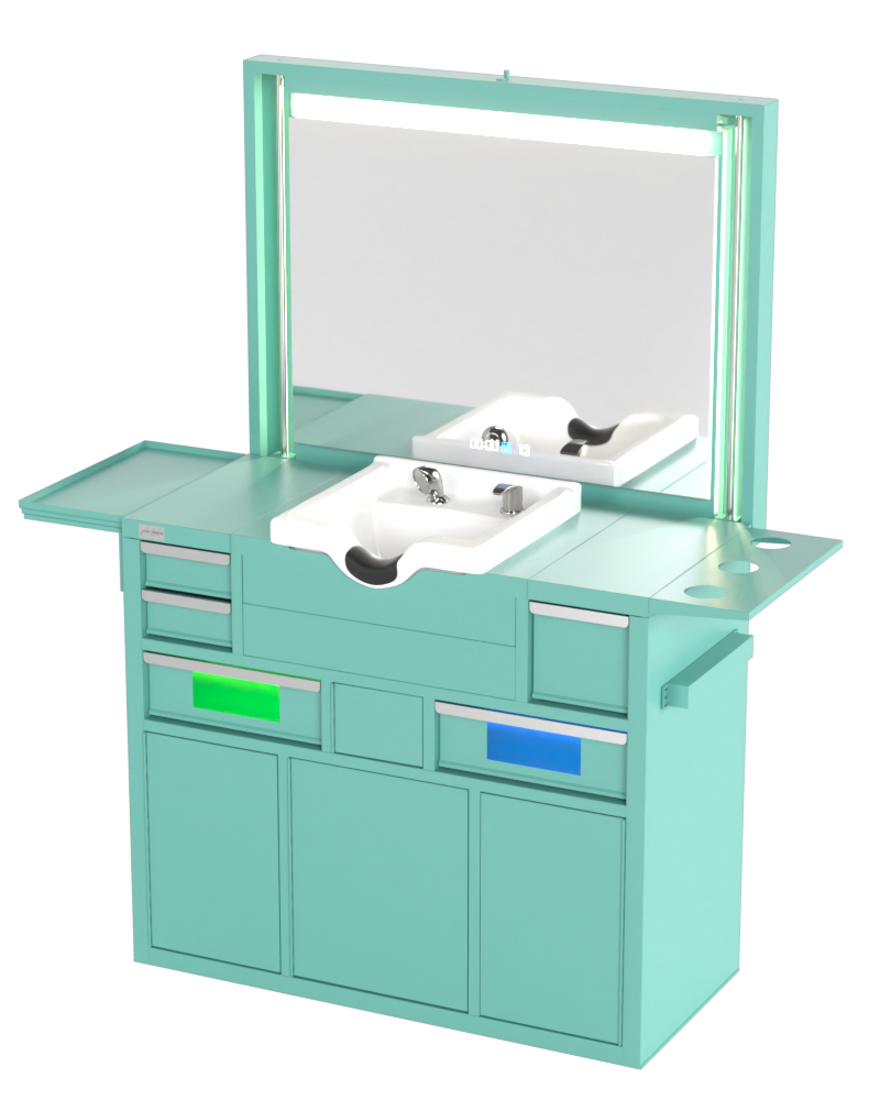 Berber Çalışma İstasyonu "Evolution" – Altı Renk Seçeneği ile Çalışma Alanı – UV Dezenfeksiyon – Lavabo – LED Işıklı Ayna